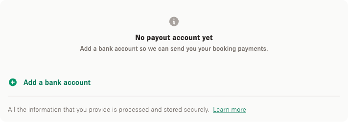 The Space to Pop payout accounts card before any account is added, showing the Add a bank account row