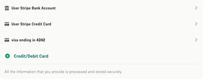 The Space to Pop payment methods list, showing saved methods and the Credit/Debit Card row