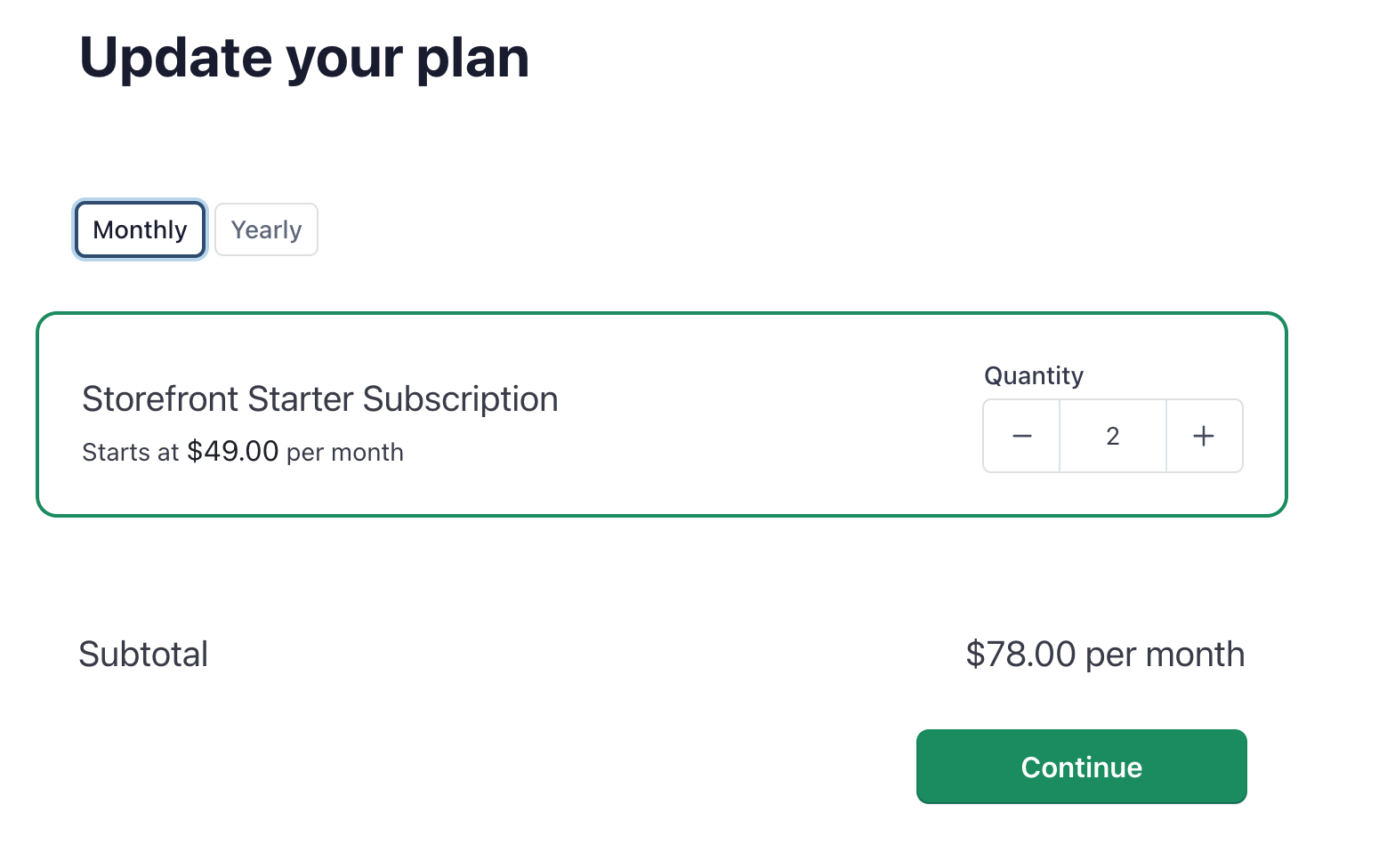 Update your plan modal showing monthly and yearly billing toggle with Space to Pop Starter Subscription quantity selector at $78.00 per month