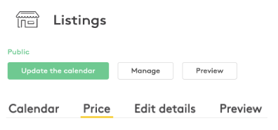 Listing management page with Calendar, Price, Edit details and Preview tabs, and Update the calendar, Manage, and Preview buttons