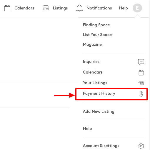 Space to Pop navigation bar with dropdown menu open, highlighting Payment History with a red arrow