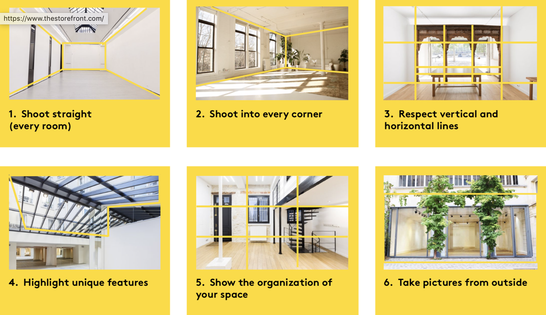 Photo guide showing 6 shooting tips with example space photos: shoot straight, shoot into every corner, respect vertical and horizontal lines, highlight unique features, show the organization of your space, and take pictures from outside