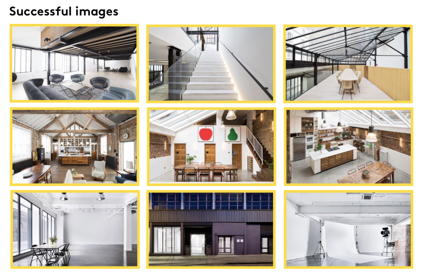 Grid of 9 successful listing photo examples showing well-lit commercial spaces from various angles