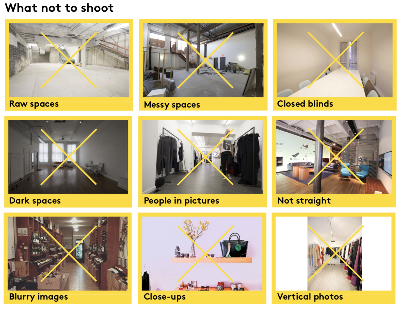 What not to shoot guide showing 9 bad photo examples including raw spaces, messy spaces, closed blinds, dark spaces, people in pictures, crooked shots, blurry images, close-ups, and vertical photos
