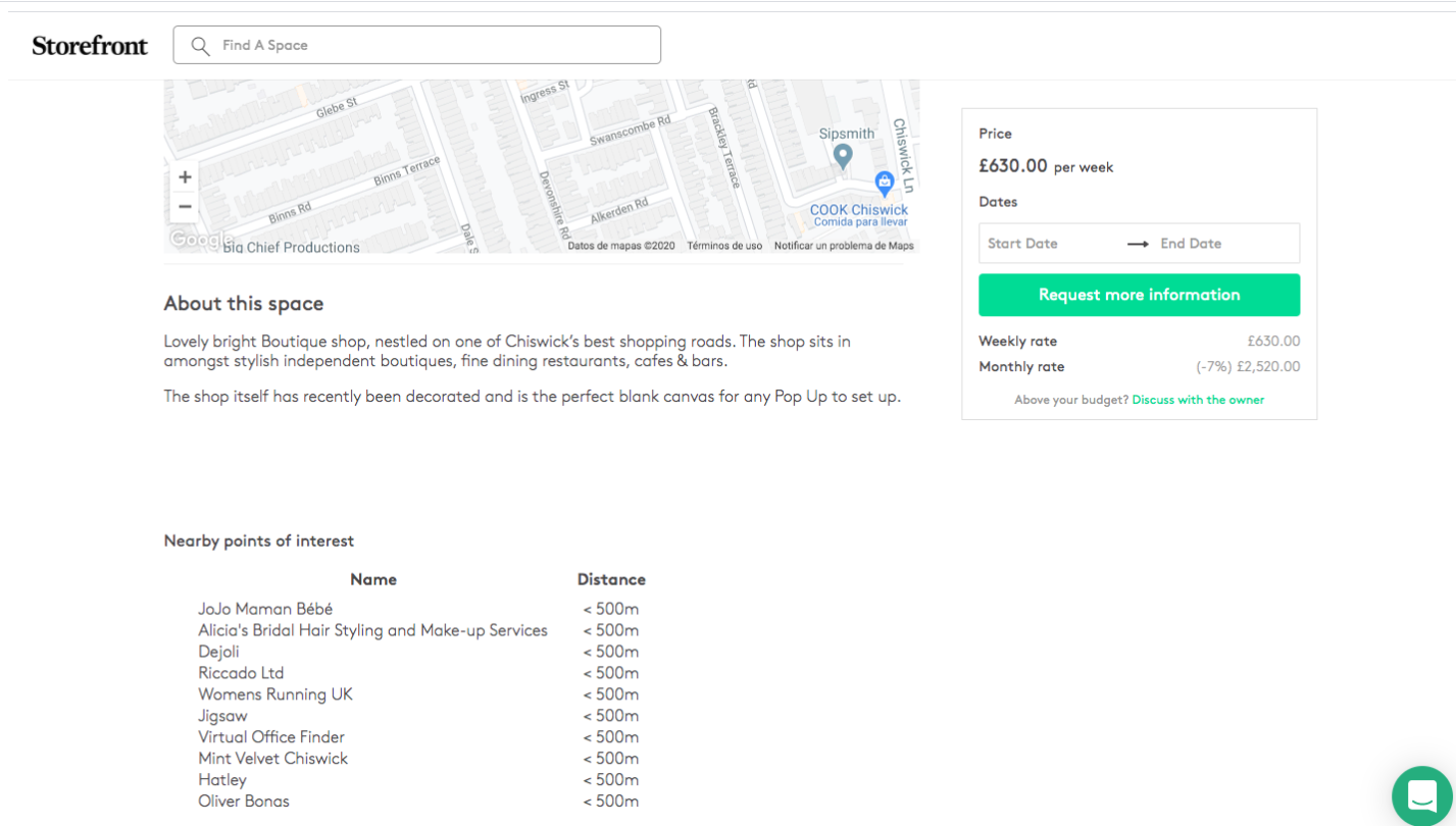 Space to Pop space listing page for a boutique shop in Paris showing pricing at 650 euros per week with a Request more information button
