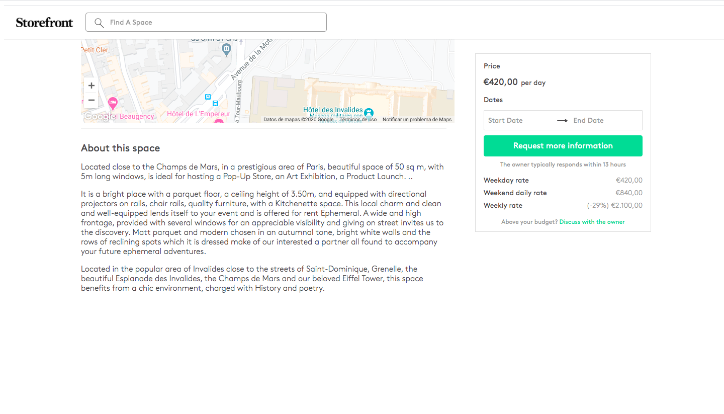 Space to Pop space listing page for a space near the Champs-Élysées showing pricing at 420 euros per day