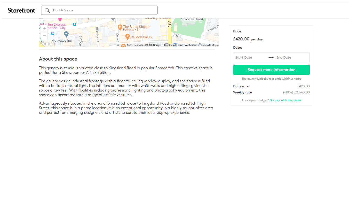 Space to Pop space listing page for a gallery near Kingsland Road showing pricing at 420 pounds per day