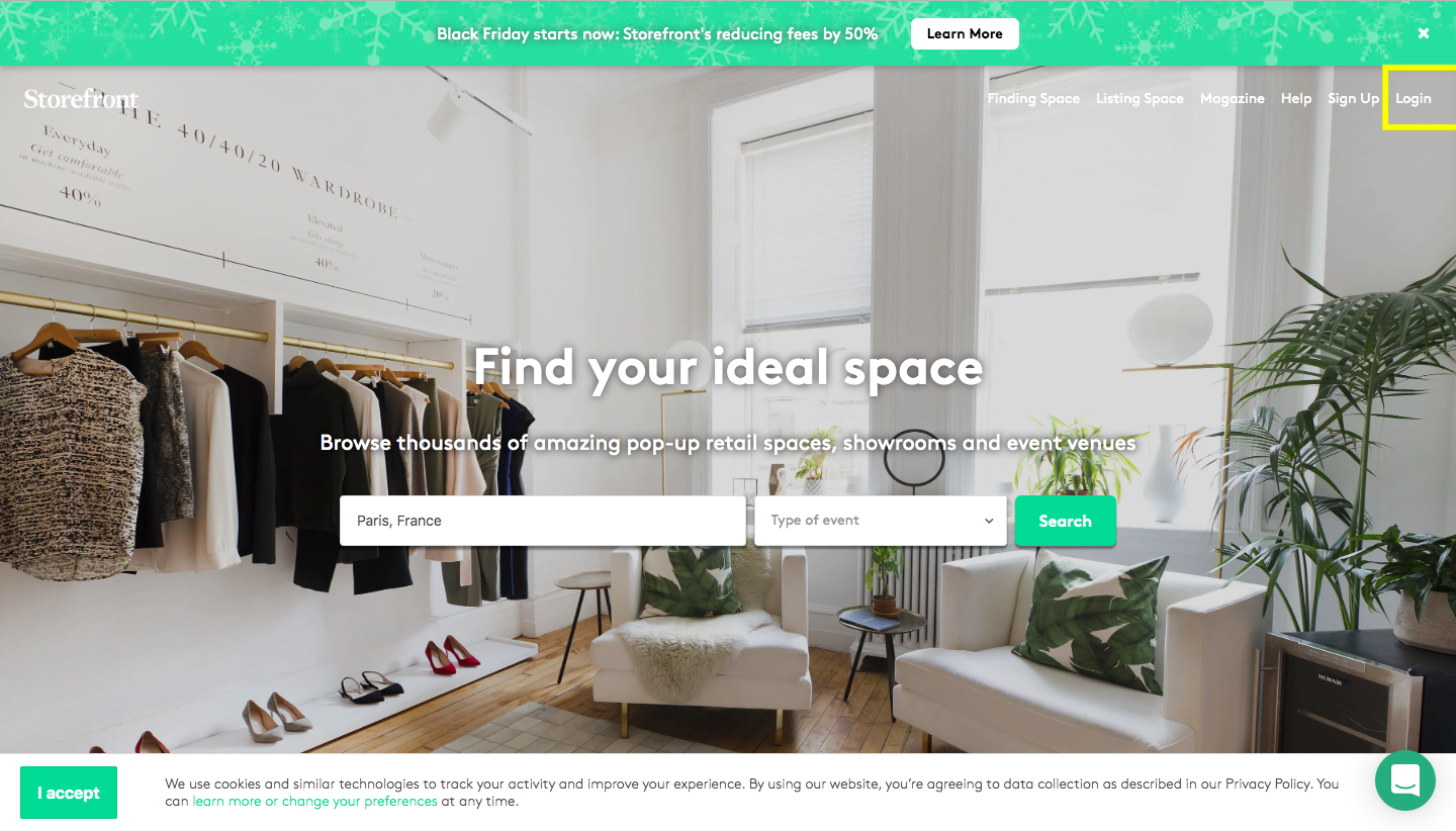 Space to Pop homepage with Find your ideal space search bar and Login button highlighted in yellow