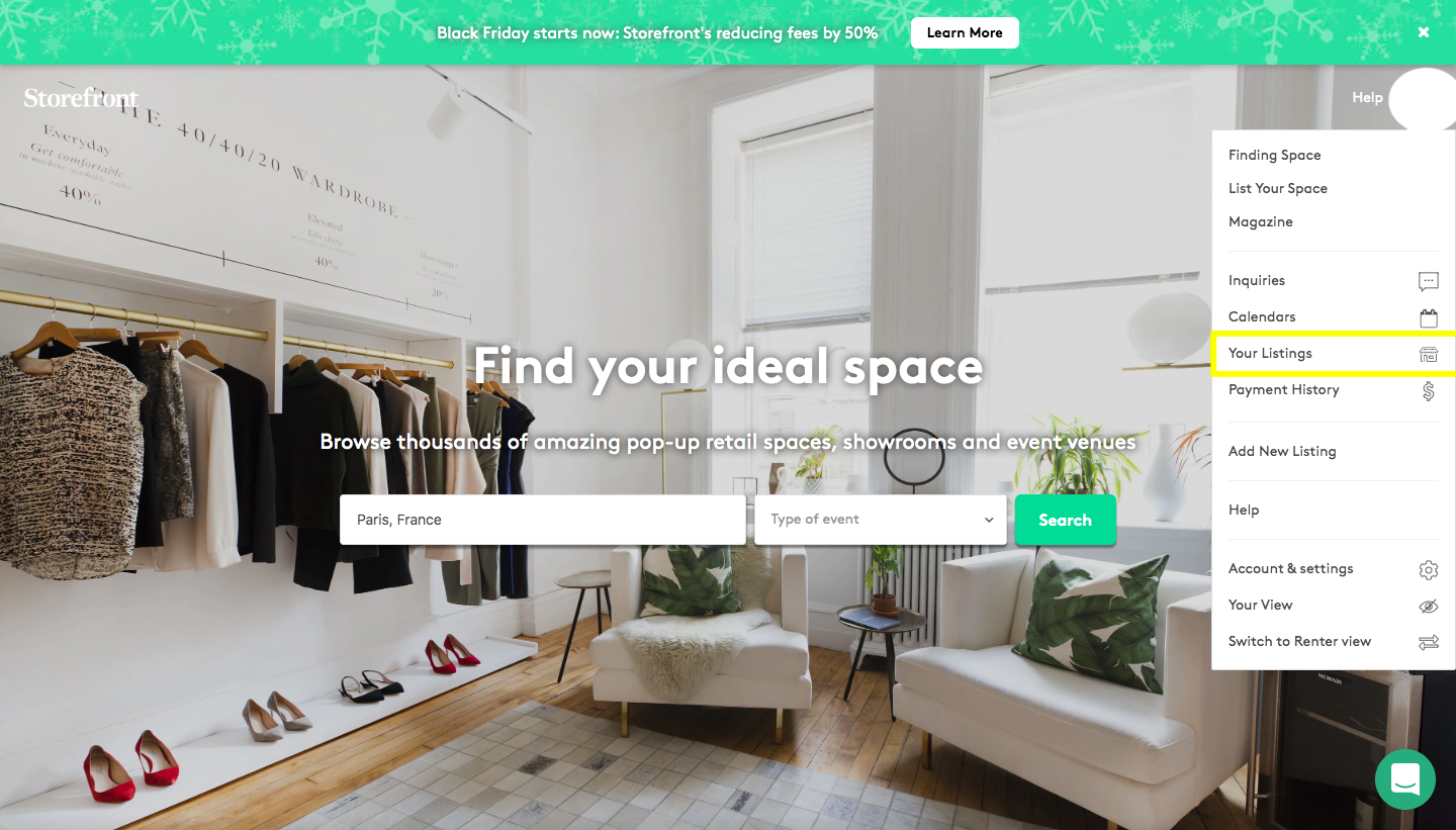 Space to Pop homepage with account navigation dropdown open and Your Listings option highlighted