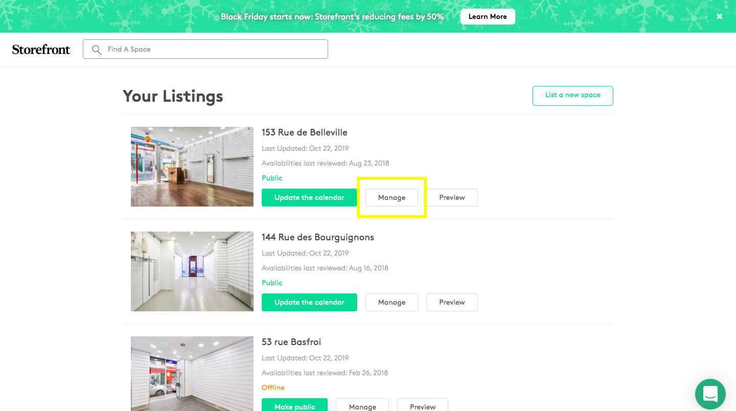 Your Listings page on Space to Pop showing three listed spaces with Manage and Preview buttons