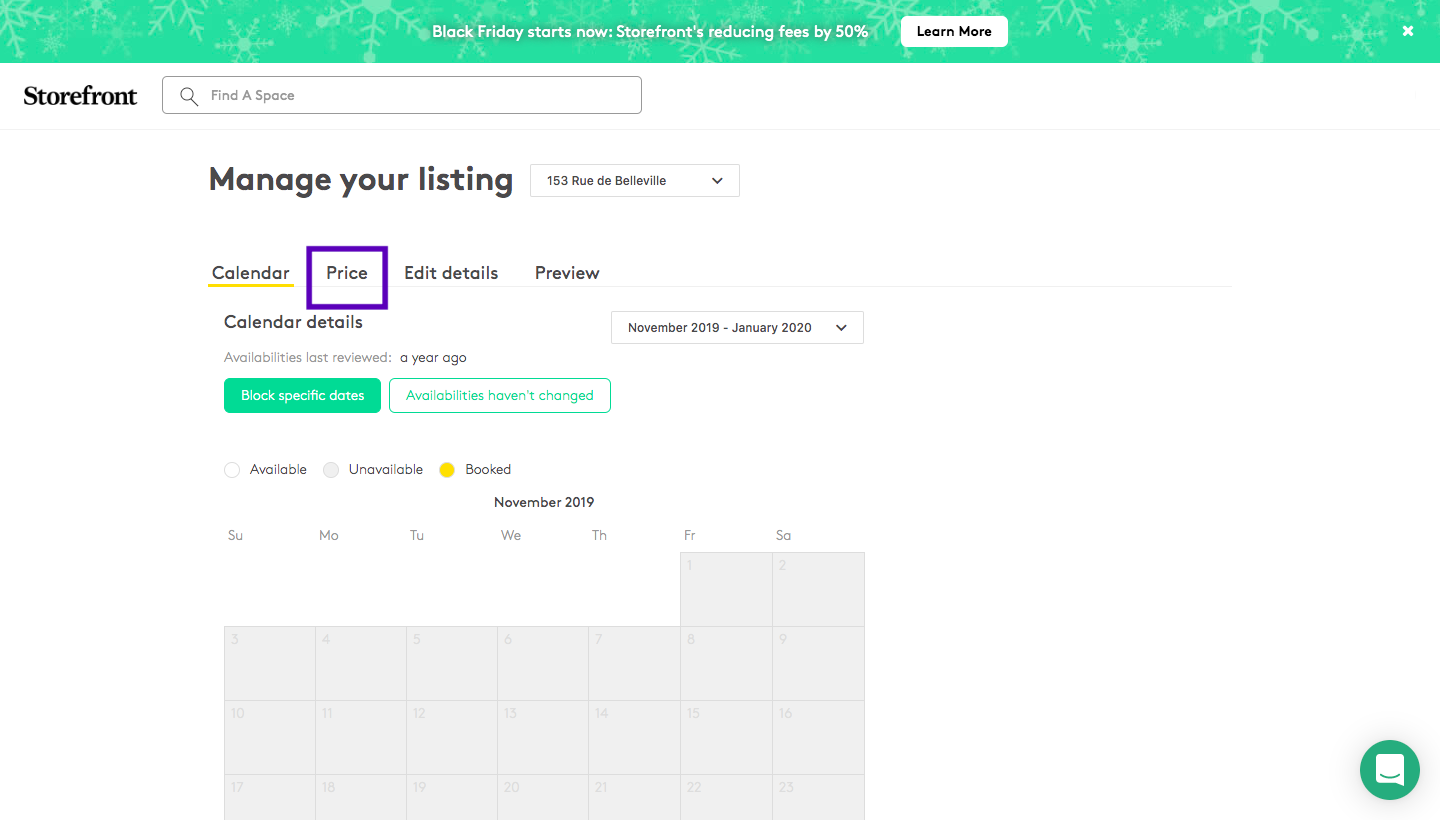 Manage listing page showing the Price tab selected with Block specific dates and Availabilities haven't changed buttons