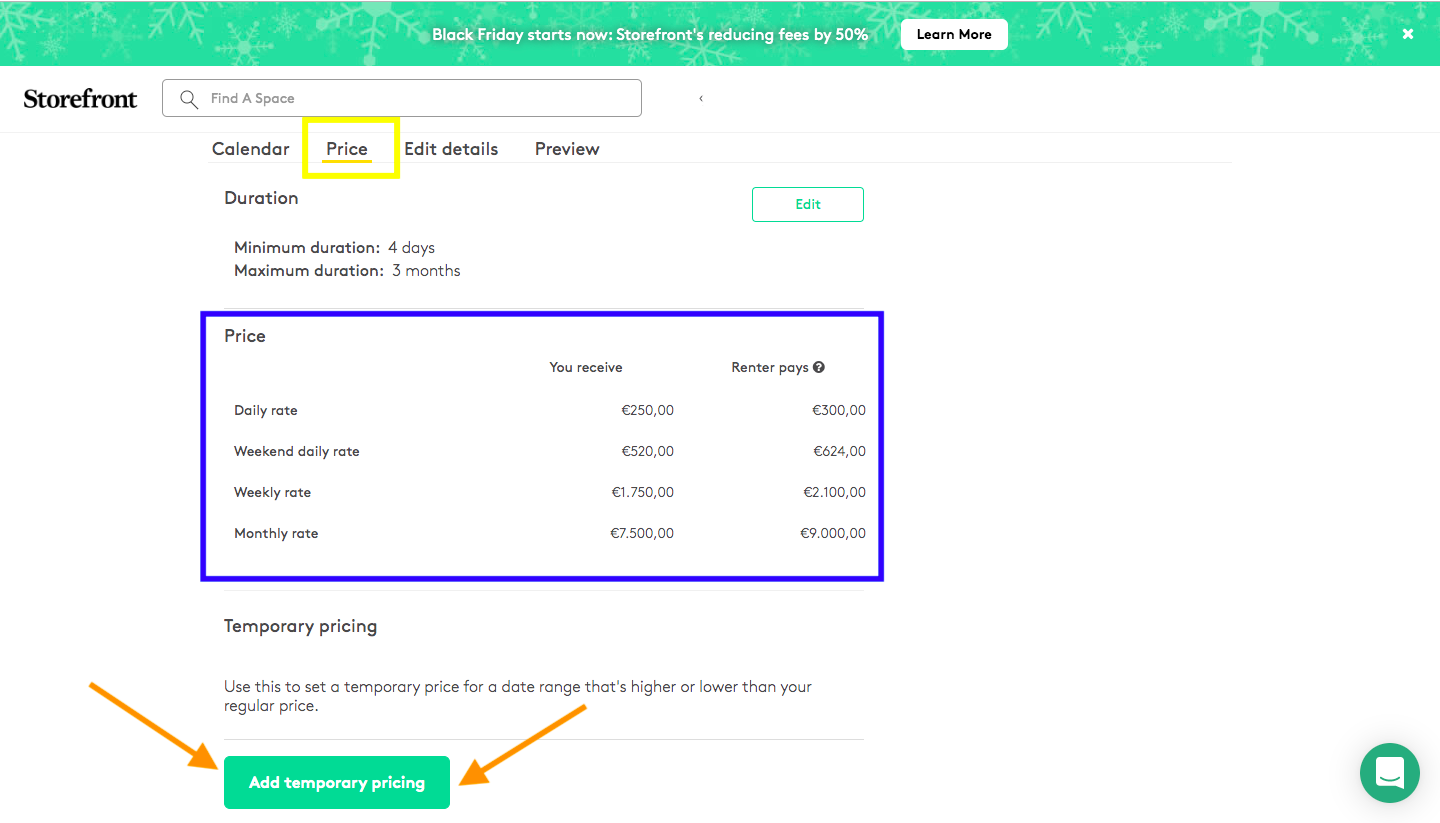 Manage listing Price tab showing a pricing table with daily, weekend daily, weekly, and monthly rates and an Add temporary pricing button