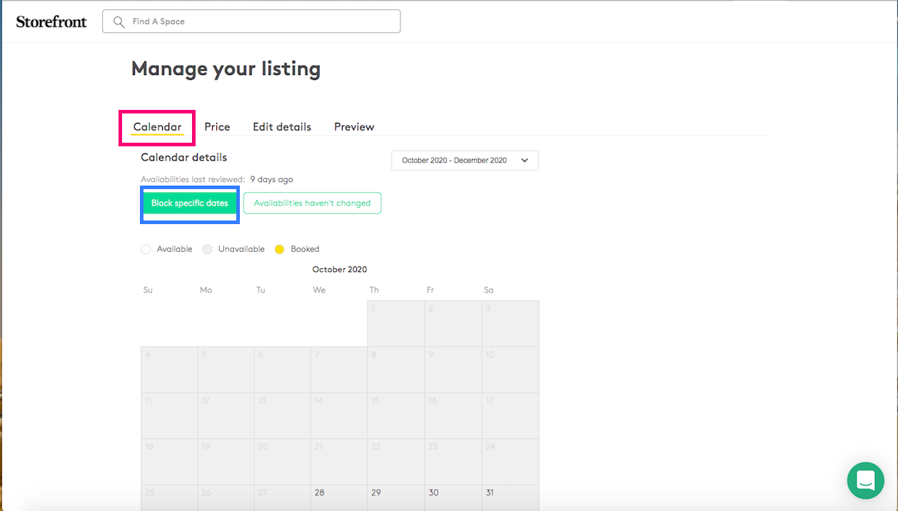 Manage listing Calendar tab showing October 2020 with Block specific dates and Availabilities haven't changed buttons