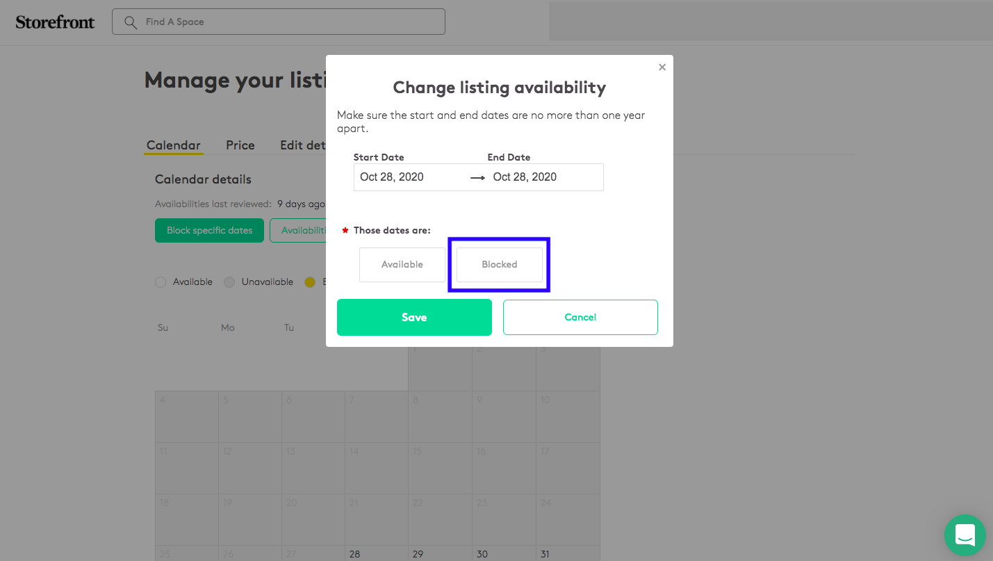 Change listing availability modal with date range October 28 2020, Blocked option selected and highlighted
