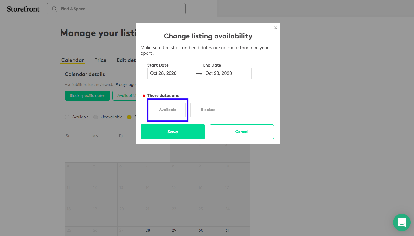 Change listing availability modal with Available option selected and highlighted