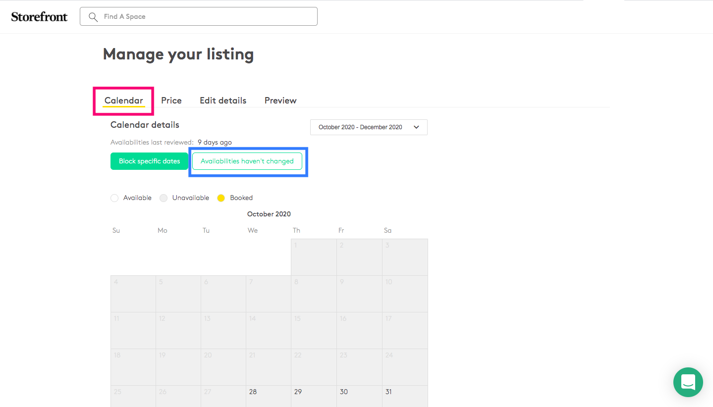 Manage listing Calendar tab with Availabilities haven't changed button highlighted in blue