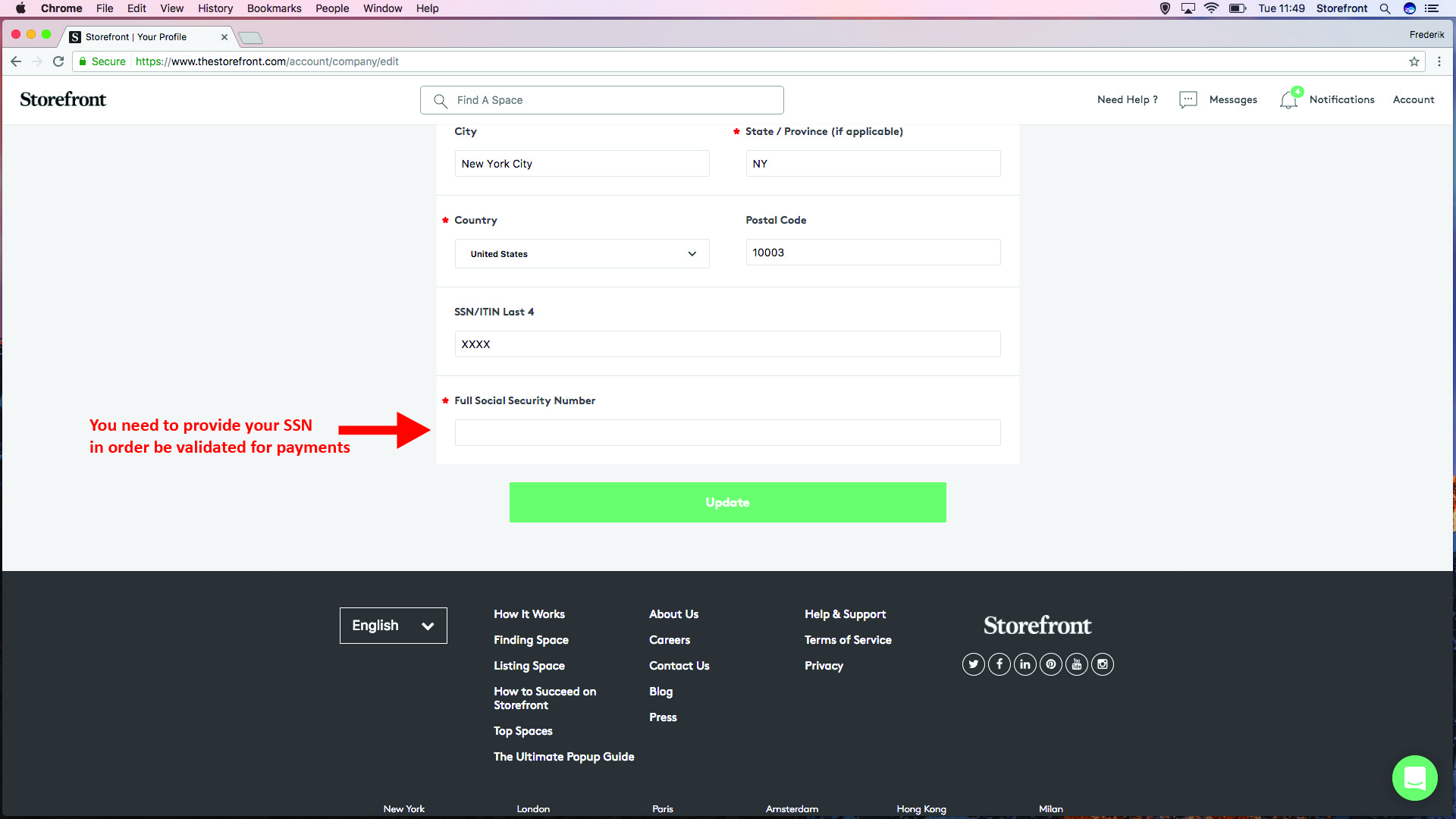 Space to Pop account profile page showing SSN/ITIN Last 4 field and Full Social Security Number field with annotation explaining SSN is required for payment validation