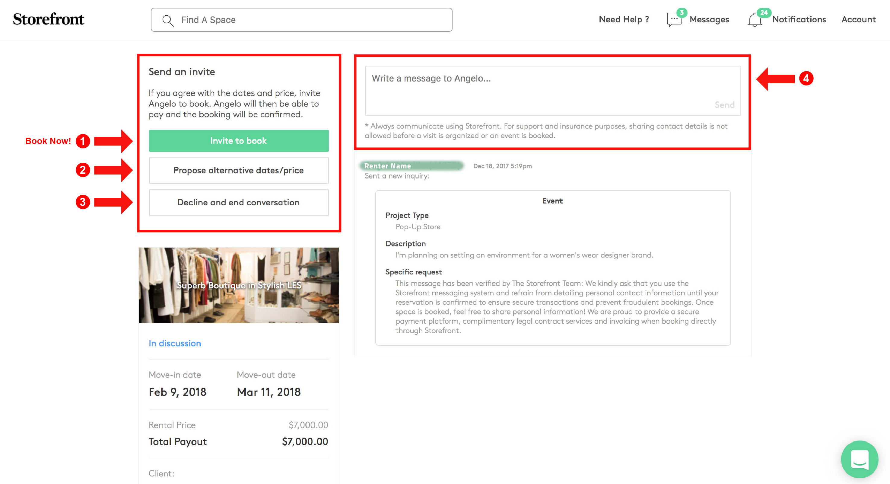 Space to Pop inquiry page showing Invite to book, Propose alternative dates/price, and Decline and end conversation buttons with numbered red arrows