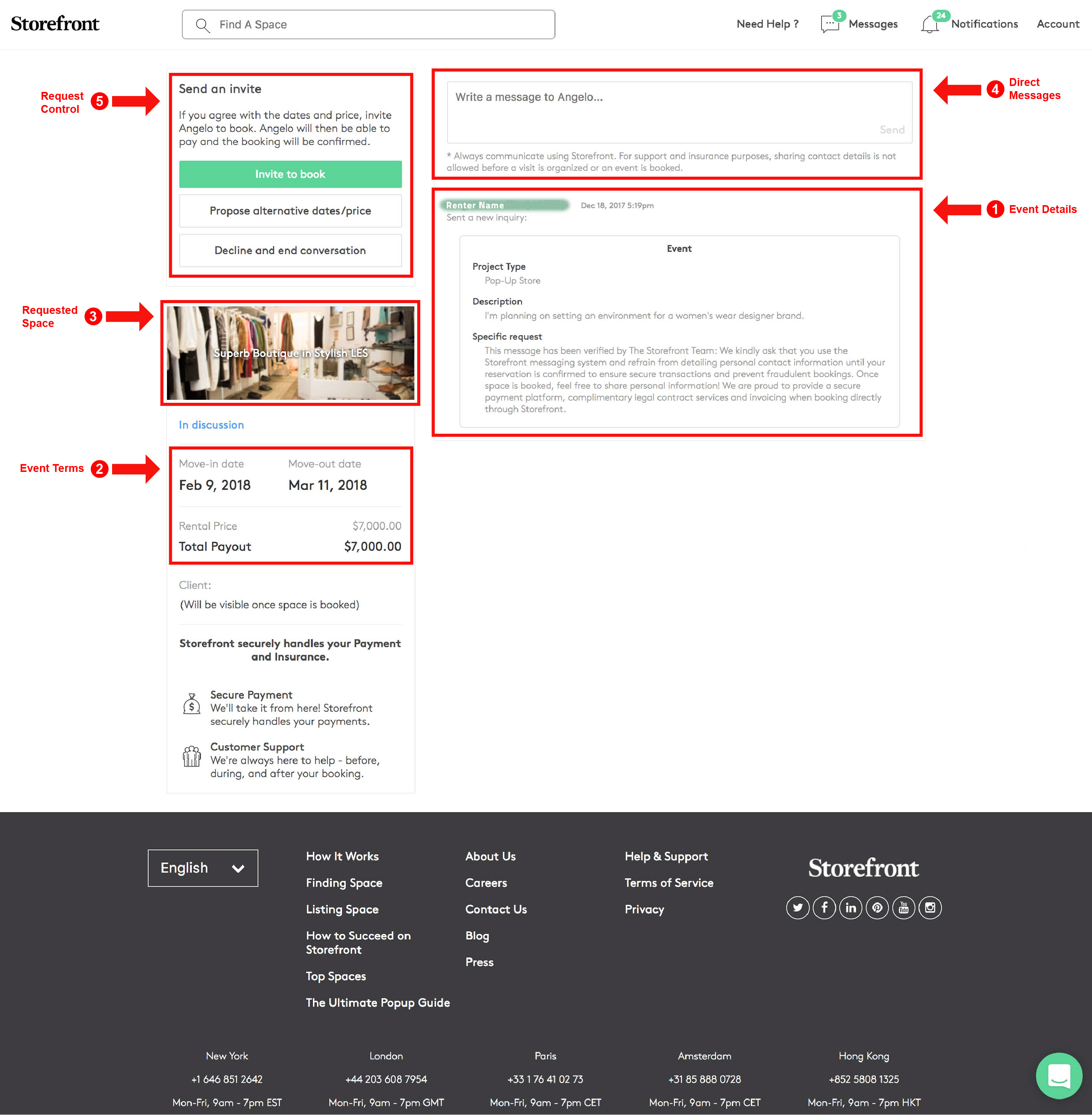 Full Space to Pop inquiry management page with labeled sections: Request Control, Event Terms, Requested Space, Direct Messages, and Event Details