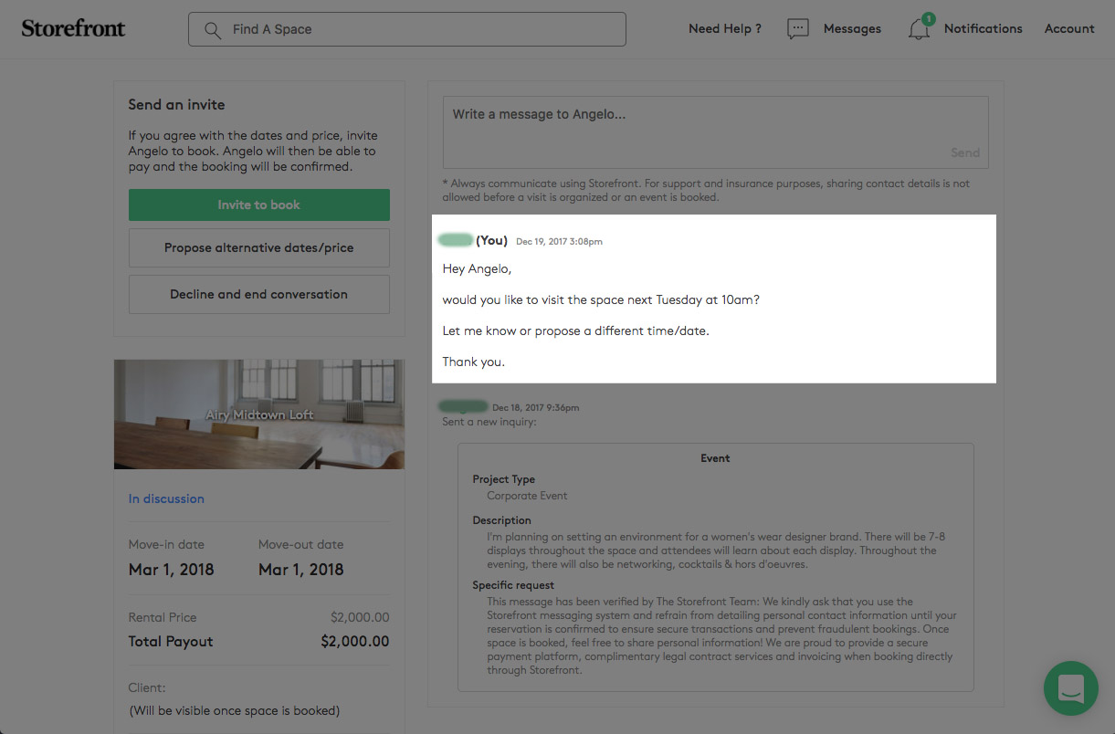 Space to Pop inquiry conversation showing a message thread with a space visit scheduling request