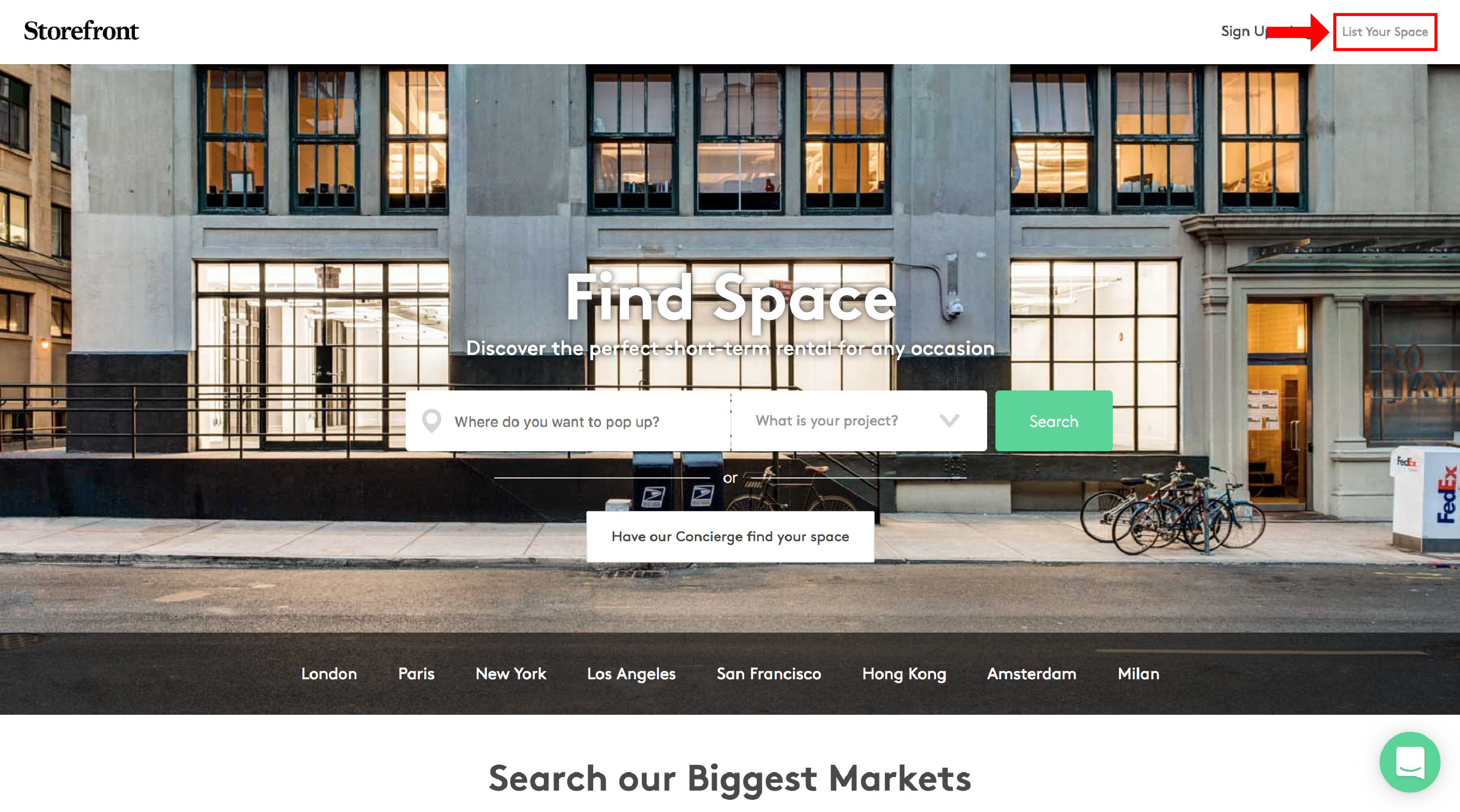 Space to Pop homepage with the List Your Space button highlighted with a red box and arrow