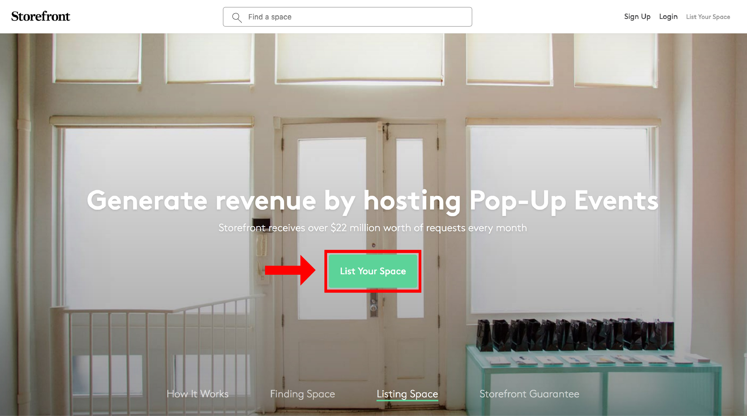 Space to Pop listing owner homepage showing Generate revenue by hosting Pop-Up Events headline with List Your Space button highlighted in green