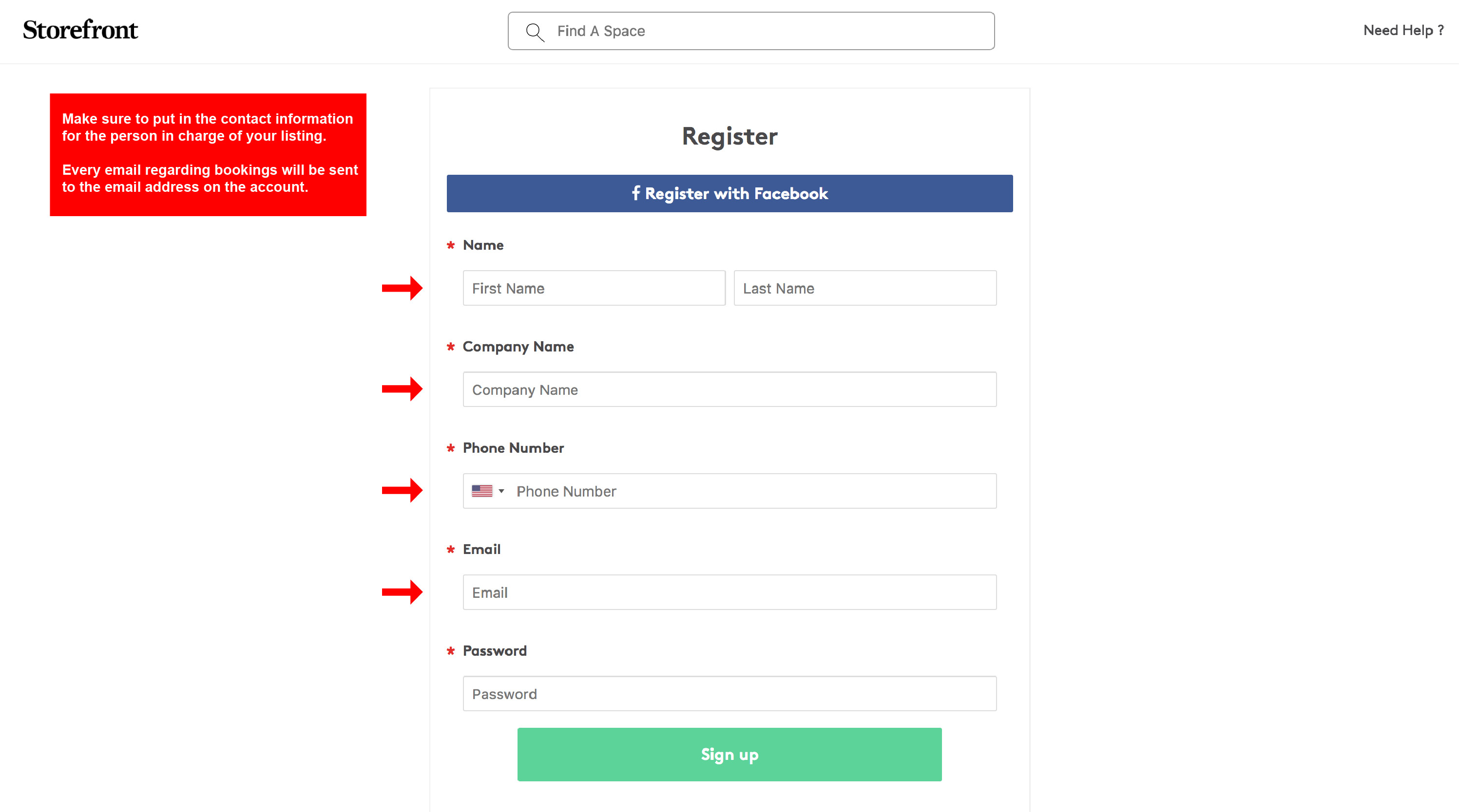 Space to Pop registration form with fields for Name, Company Name, Phone Number, Email, and Password, each highlighted with red arrows