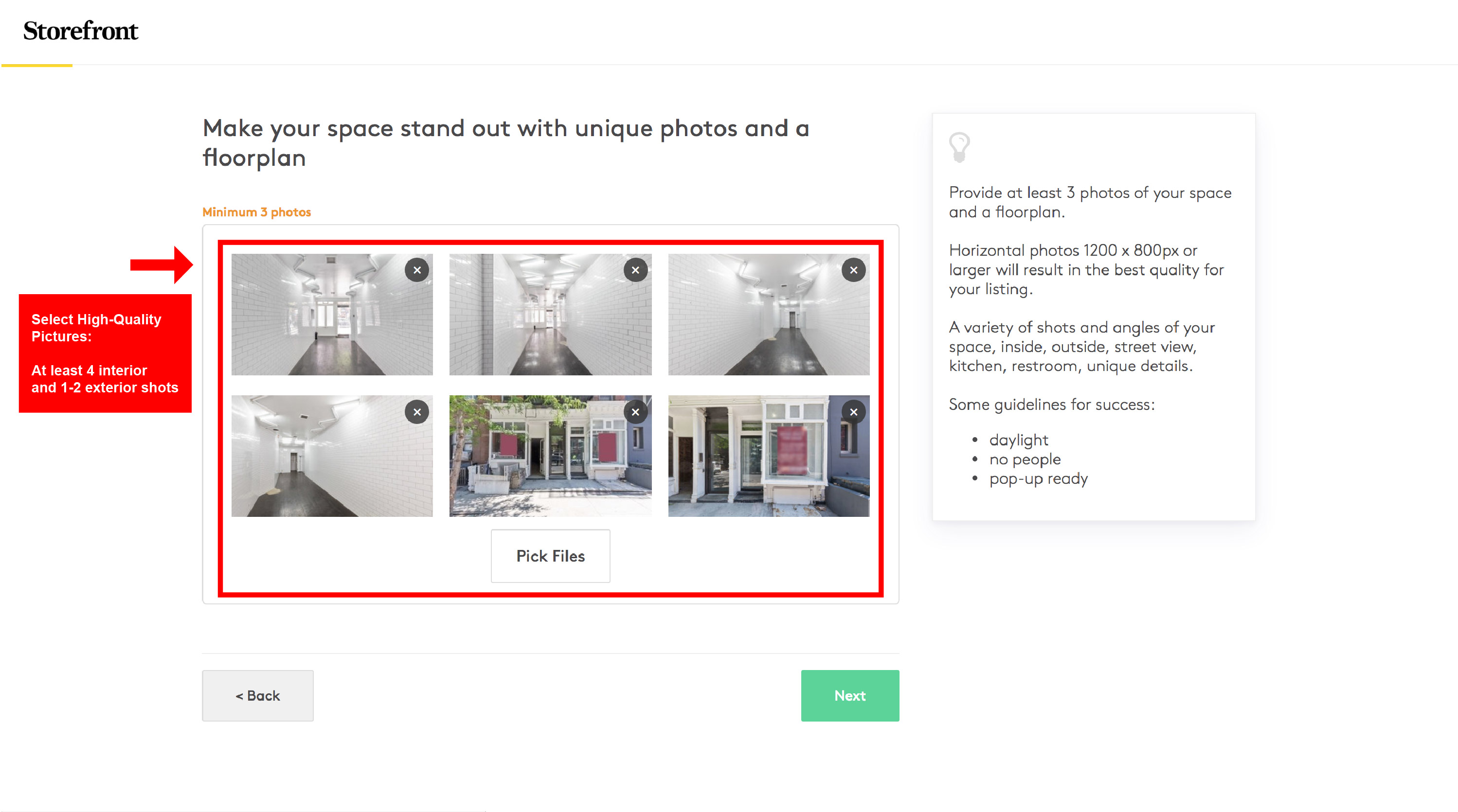 Listing creation photo upload step showing 6 uploaded space photos with a Pick Files button and photo guidelines sidebar