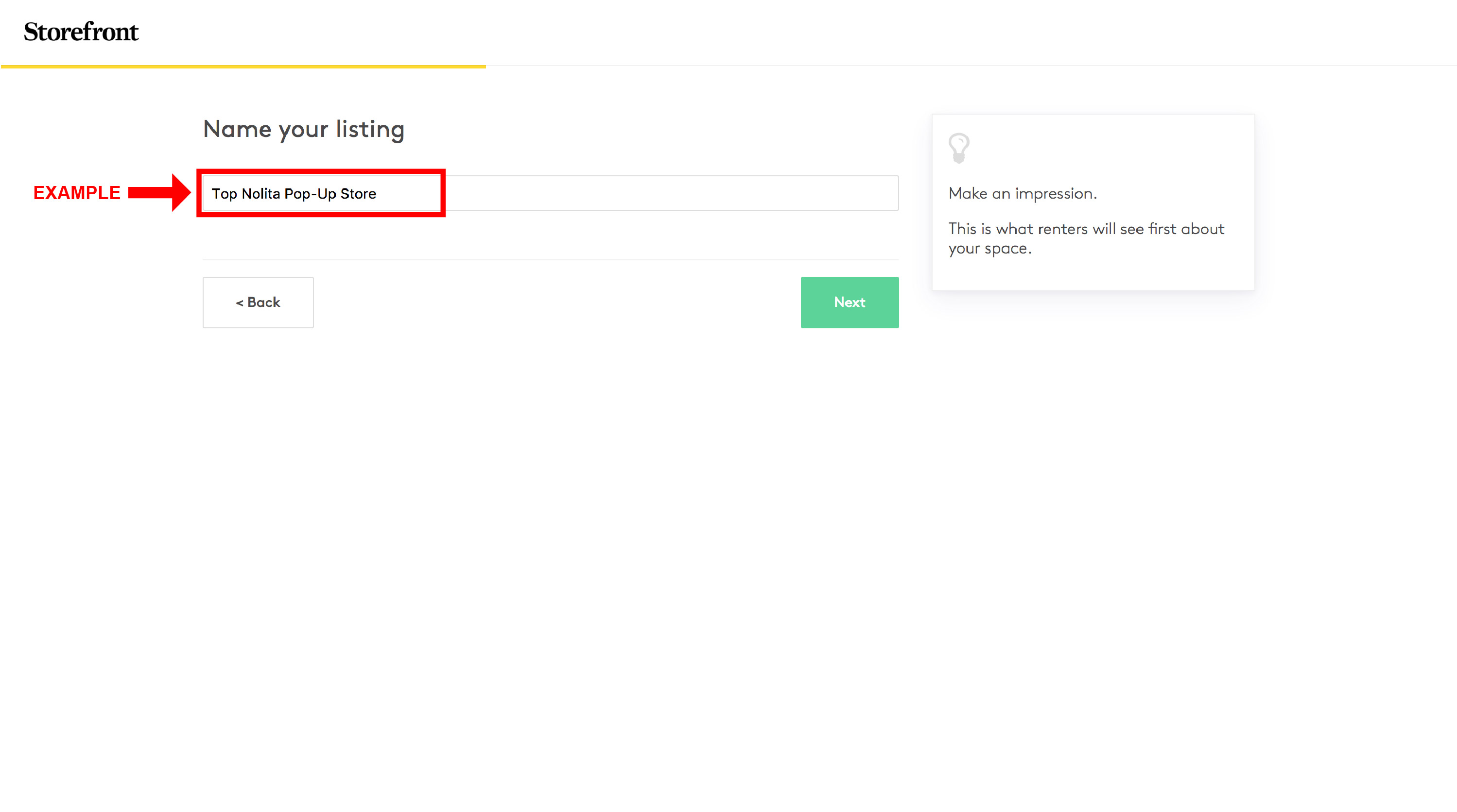 Name your listing step in listing creation with example listing name Top Nolita Pop-Up Store shown in the input field