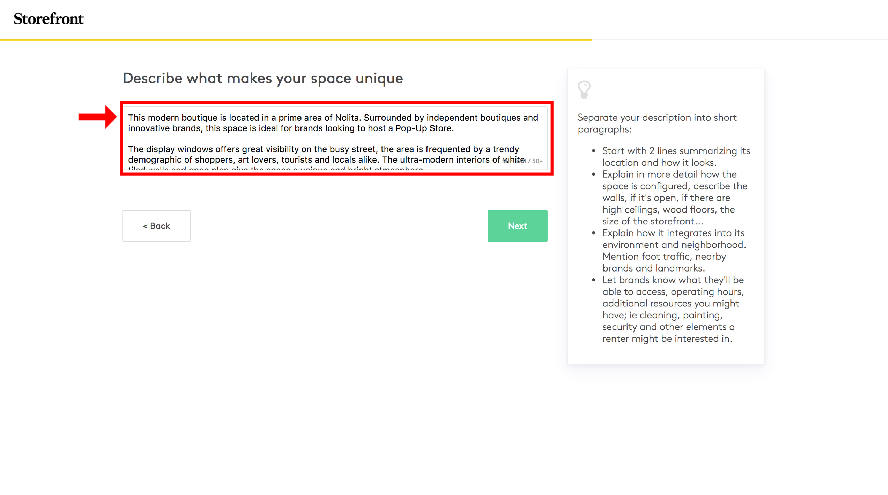 Describe what makes your space unique step in listing creation with an example description in the text area