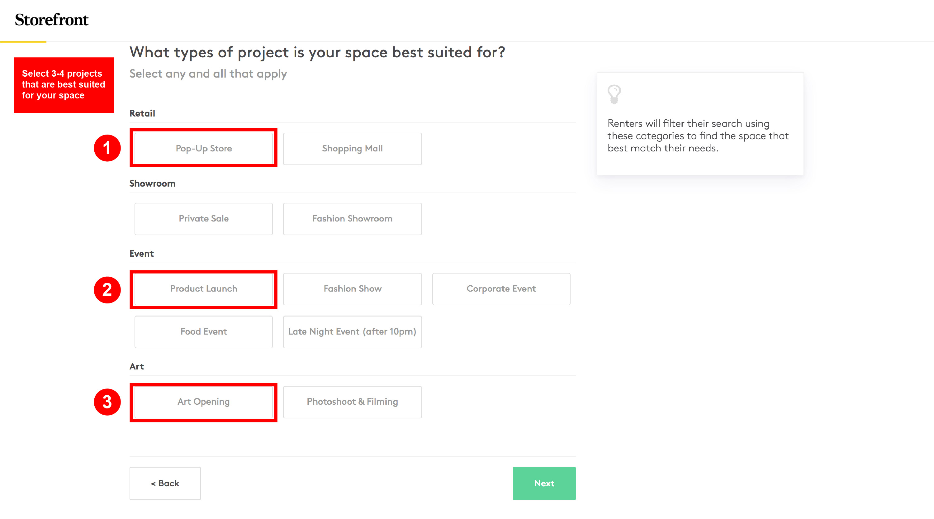 What types of project is your space best suited for step showing Pop-Up Store, Product Launch, and Art Opening selected from category options