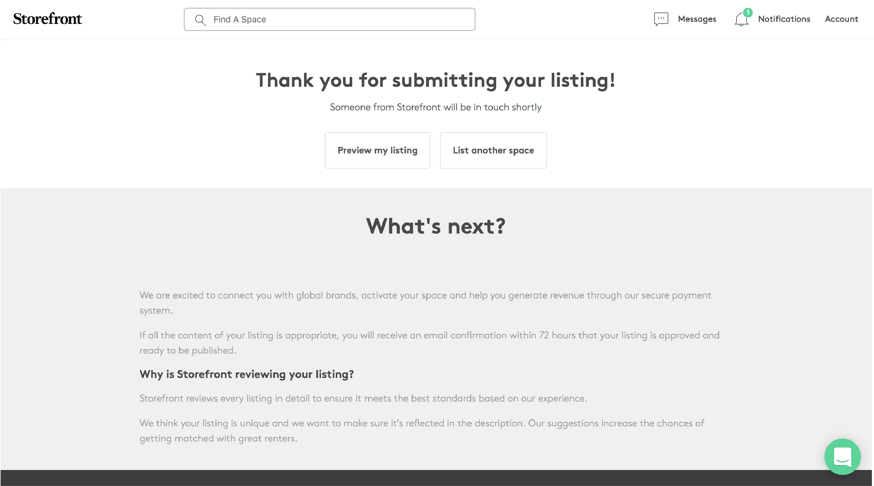 Thank you for submitting your listing confirmation page with Preview my listing and List another space buttons above a What's next section explaining why Space to Pop reviews each listing