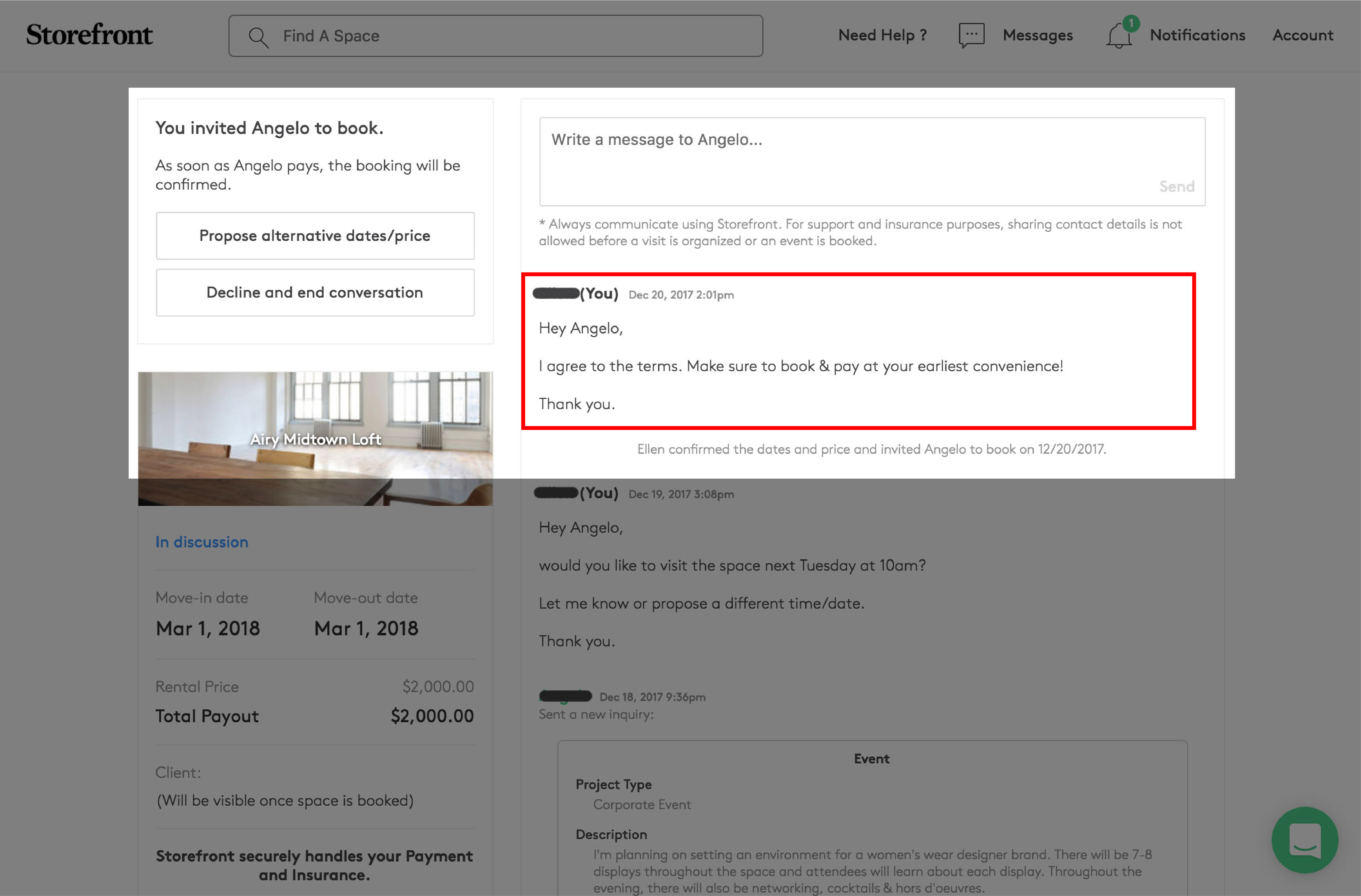 Space to Pop inquiry conversation with the listing owner message I agree to the terms highlighted in a box