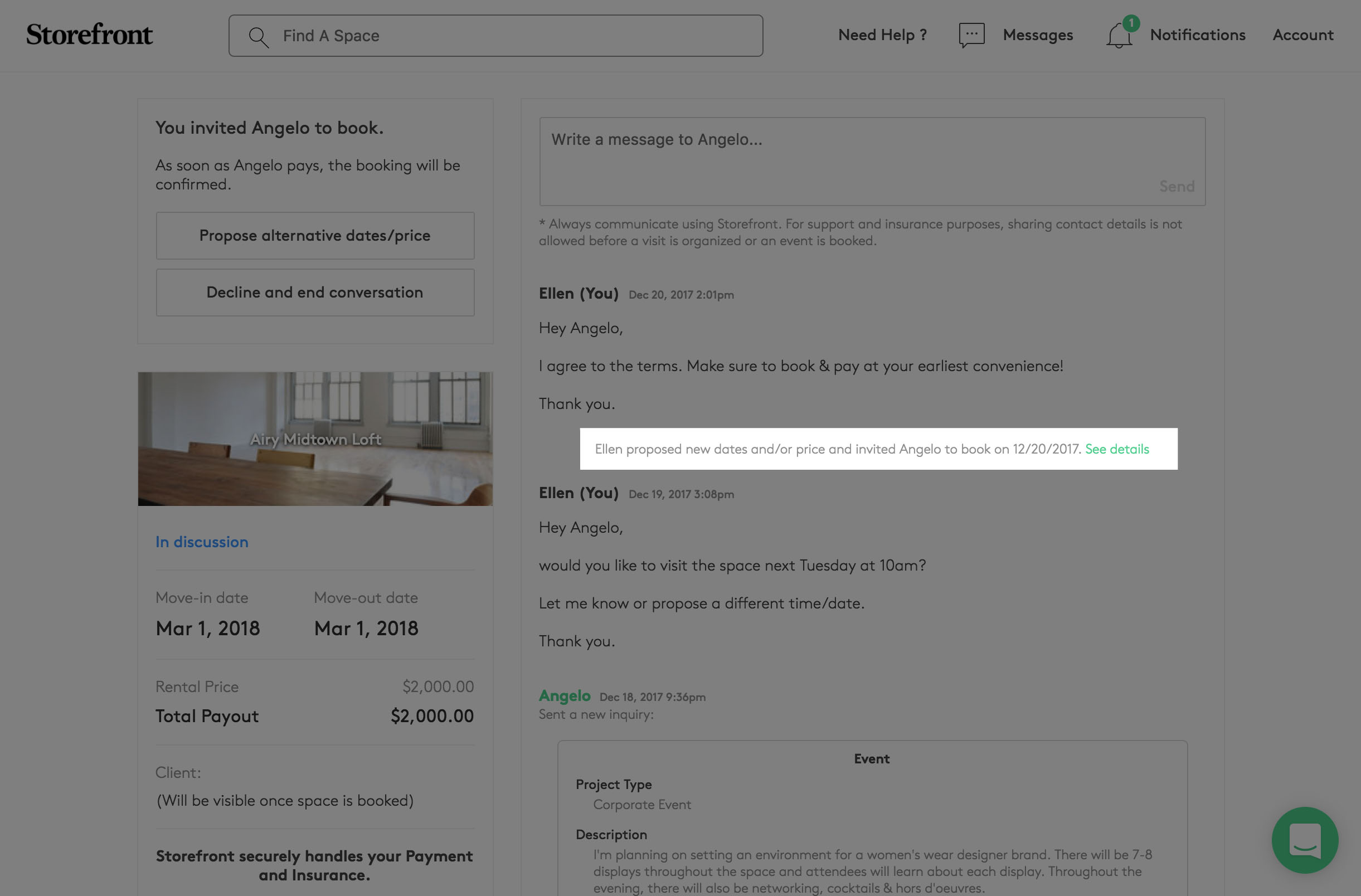 Space to Pop inquiry page showing a system notification that Ellen proposed new dates and invited Angelo to book with a See details link