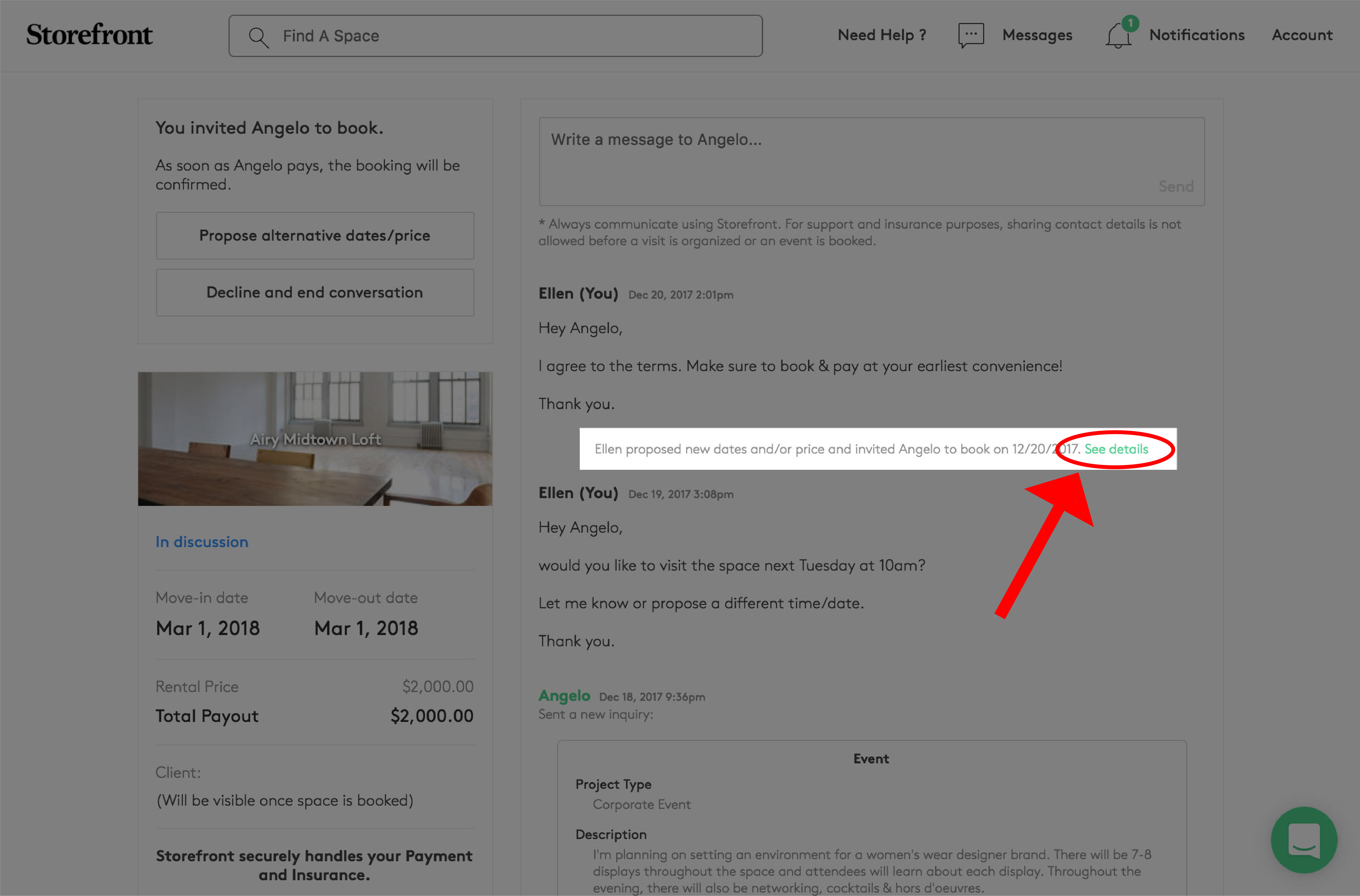 Space to Pop inquiry page with a red arrow pointing to the See details link on the booking proposal notification