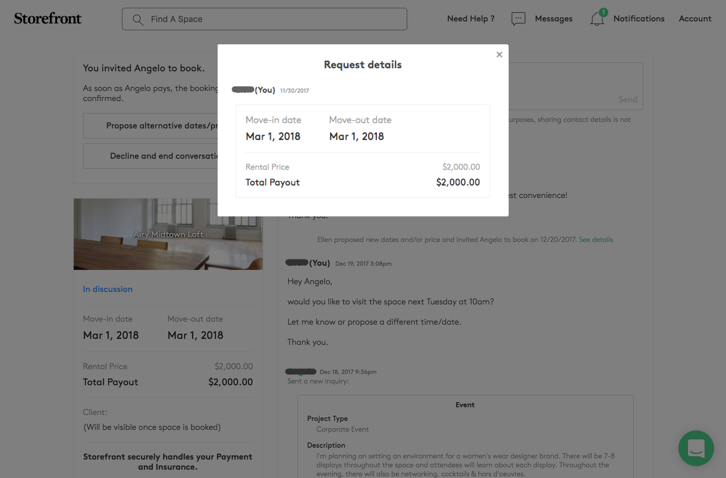 Request details modal showing move-in date March 1 2018, move-out date March 1 2018, Rental Price $2,000.00, and Total Payout $2,000.00