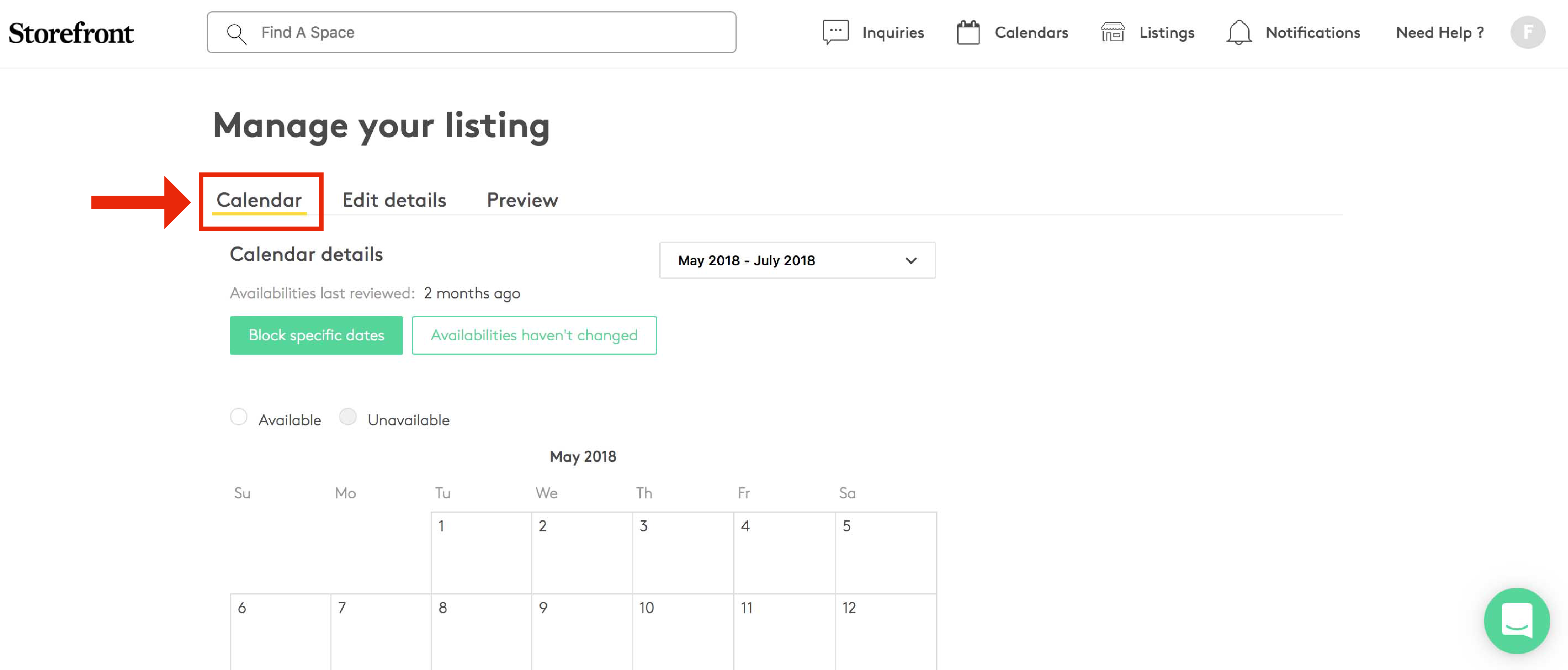 Manage your listing page with the Calendar tab highlighted with a red box and arrow