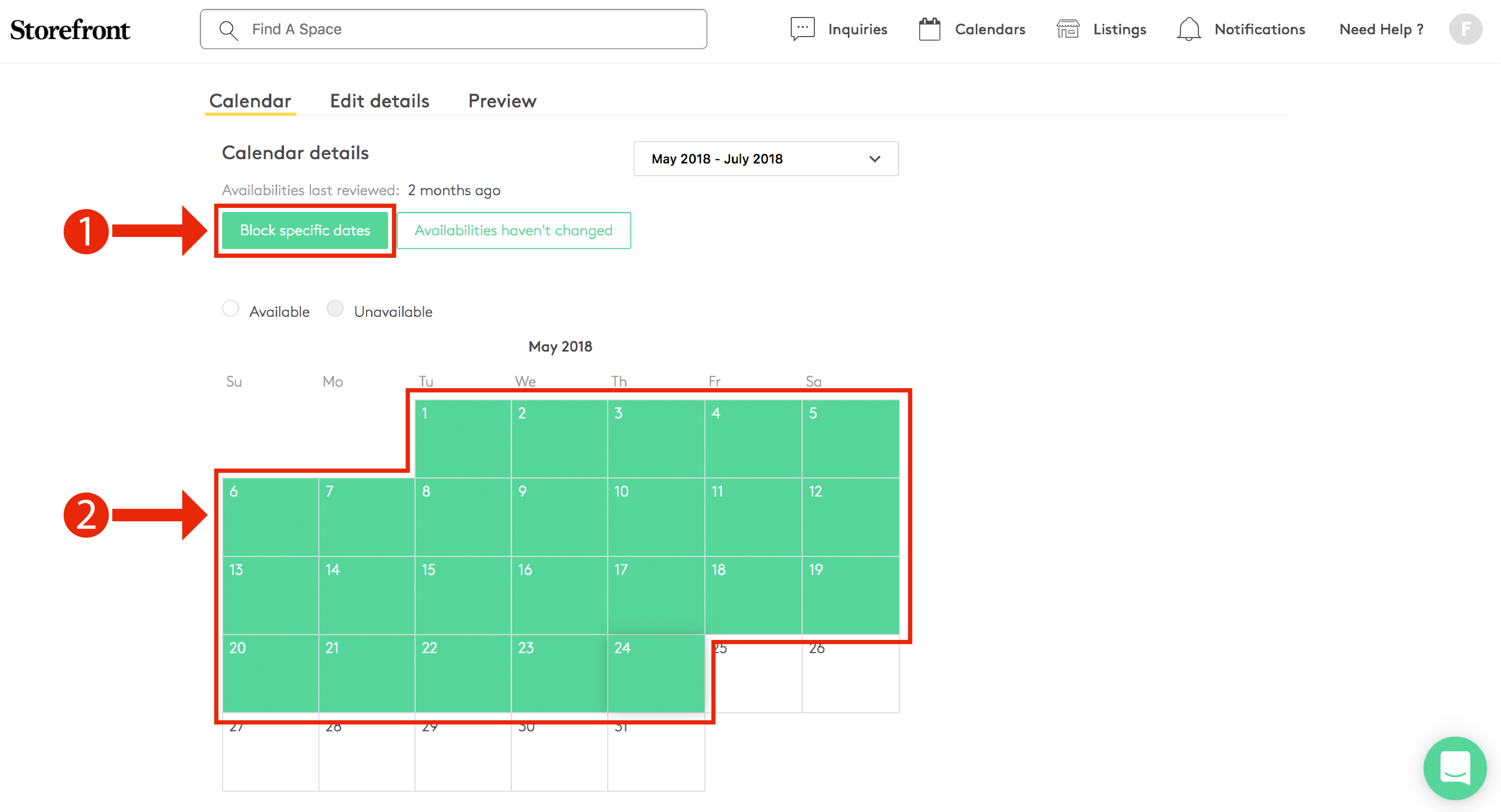 Listing calendar management showing Block specific dates button highlighted and multiple May 2018 dates selected in green
