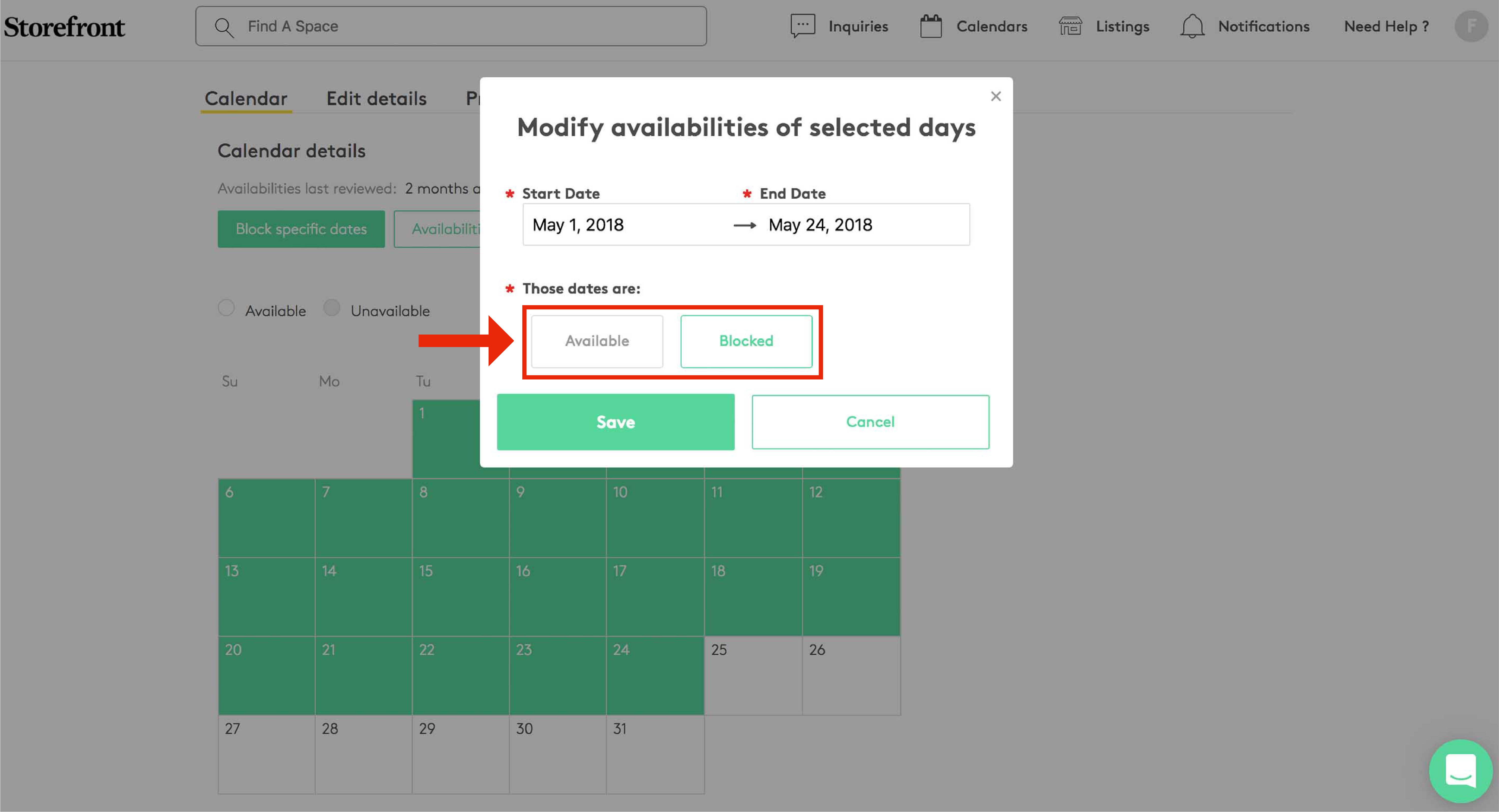 Modify availabilities of selected days modal showing date range May 1 to May 24 2018 with Available and Blocked toggle options