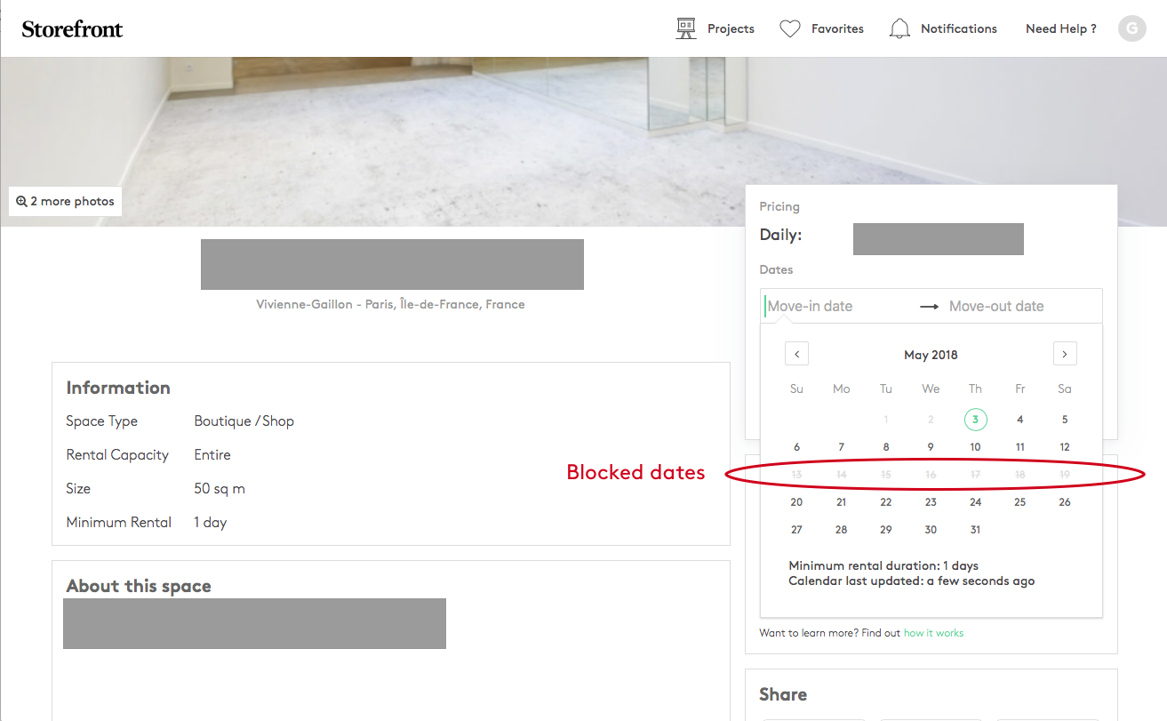 Space listing page with a calendar showing blocked dates annotated with a Blocked dates label