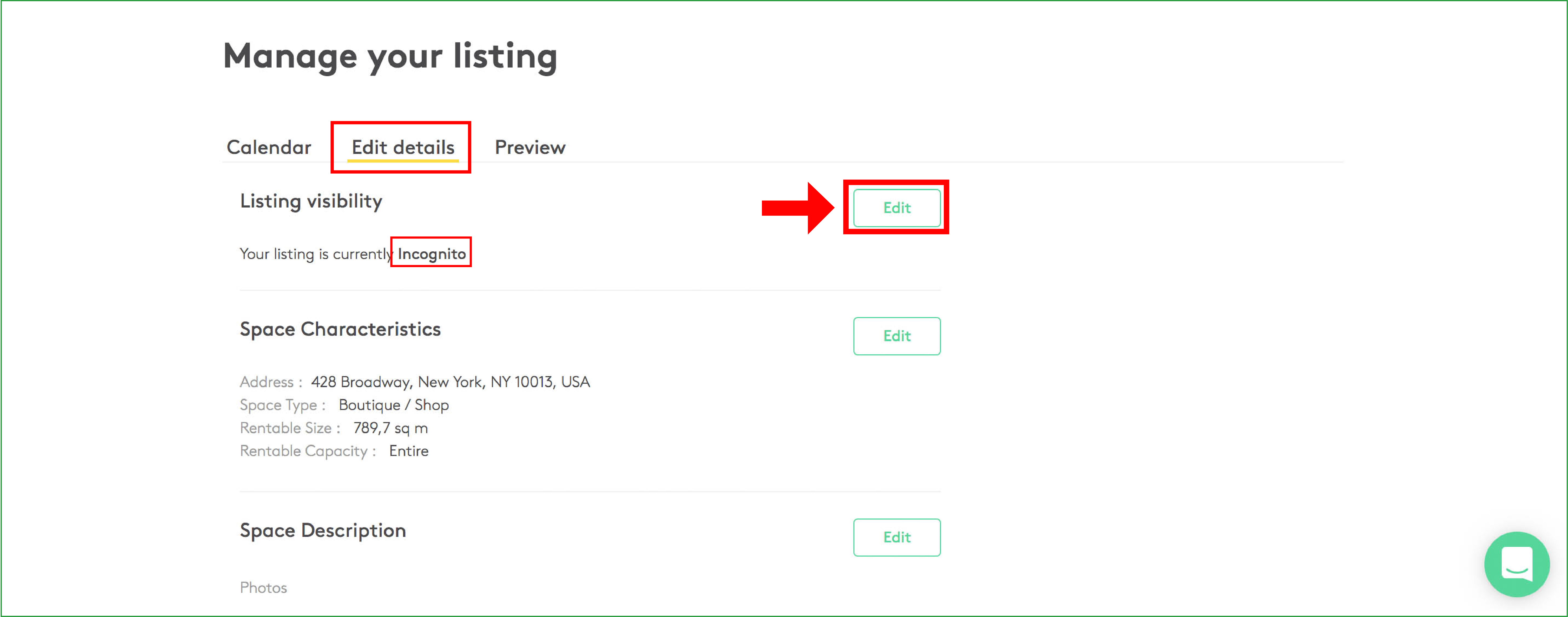 Manage listing Edit details tab showing listing visibility currently set to Incognito with an Edit button highlighted