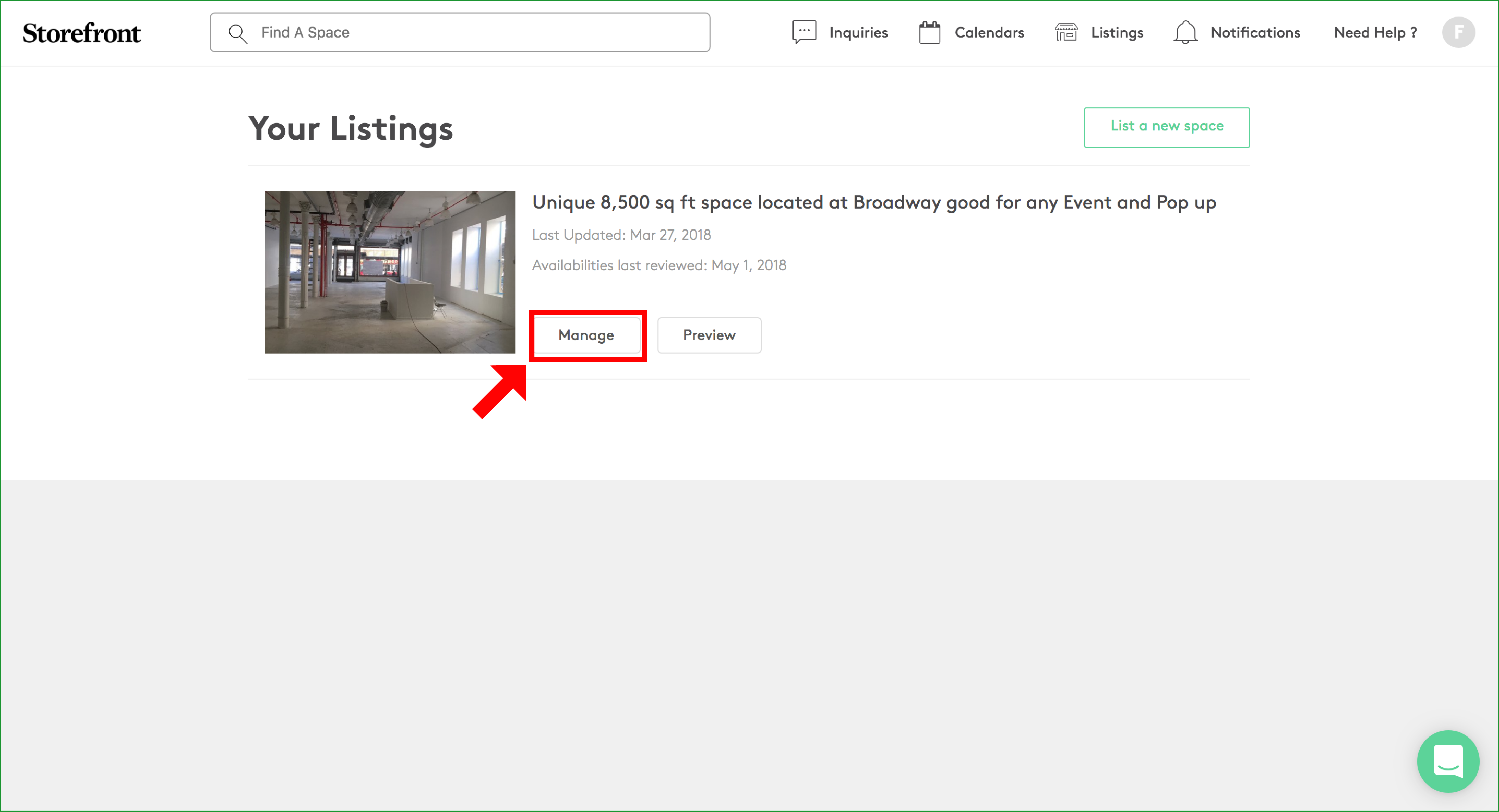 Your Listings page showing a space listing card with the Manage button highlighted with a red arrow