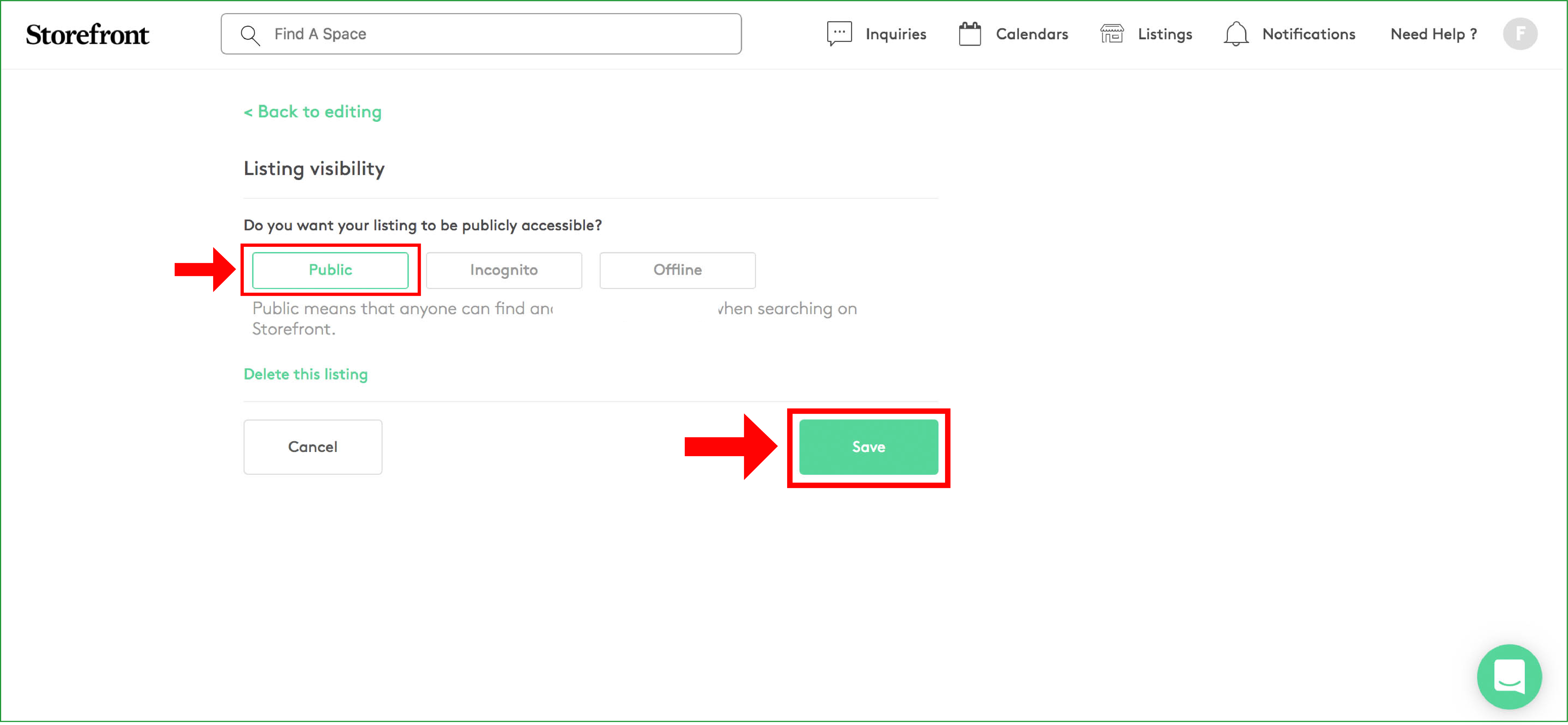 Listing visibility settings page showing Public, Incognito, and Offline options with Public selected and Save button highlighted