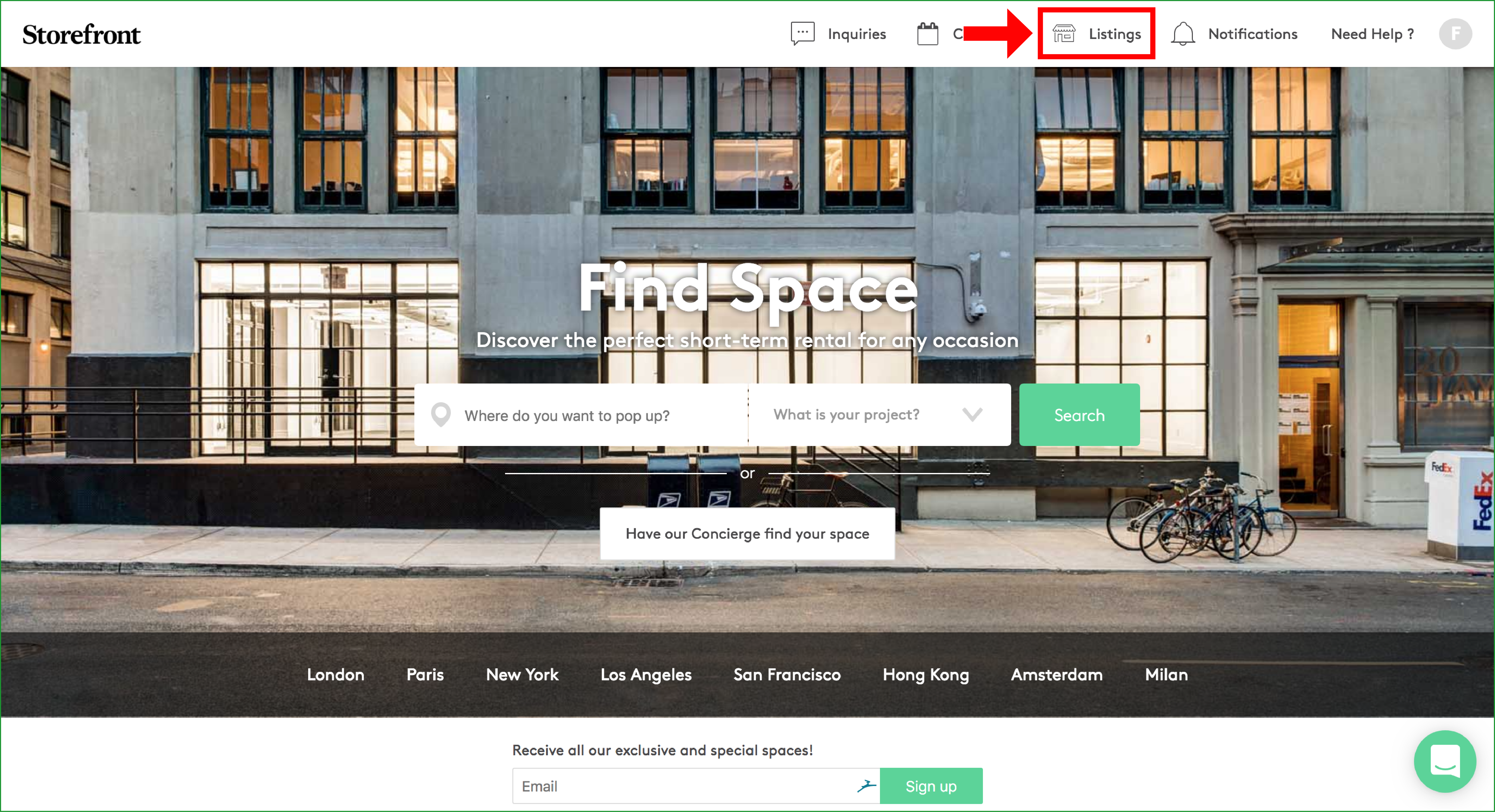 Space to Pop homepage with the Listings tab highlighted with a red arrow in the top navigation bar