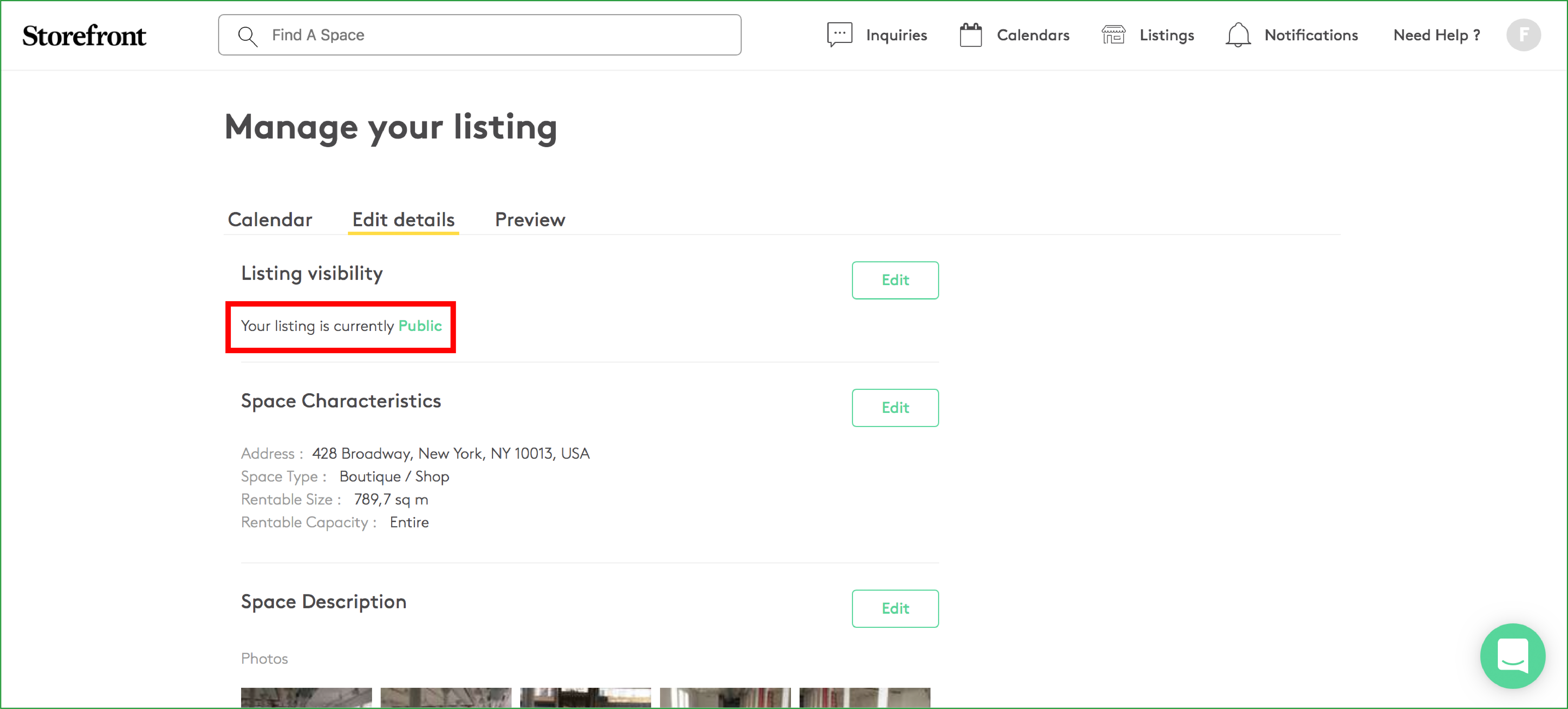 Manage listing Edit details page showing Your listing is currently Public status in a red highlighted box