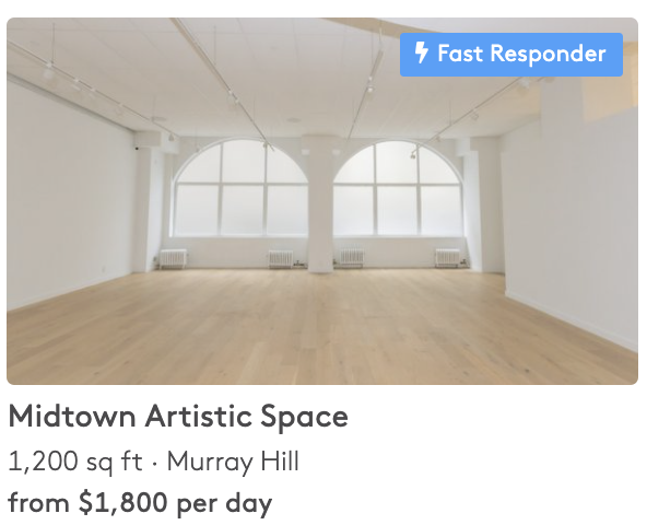 Space to Pop search result card showing Midtown Artistic Space, 1200 square feet in Murray Hill, starting from $1,800 per day