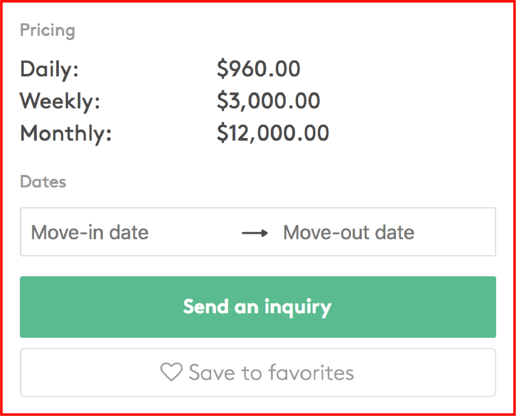 Space listing pricing panel showing Daily $960, Weekly $3,000, Monthly $12,000 rates with a Send an inquiry button and Save to favorites link