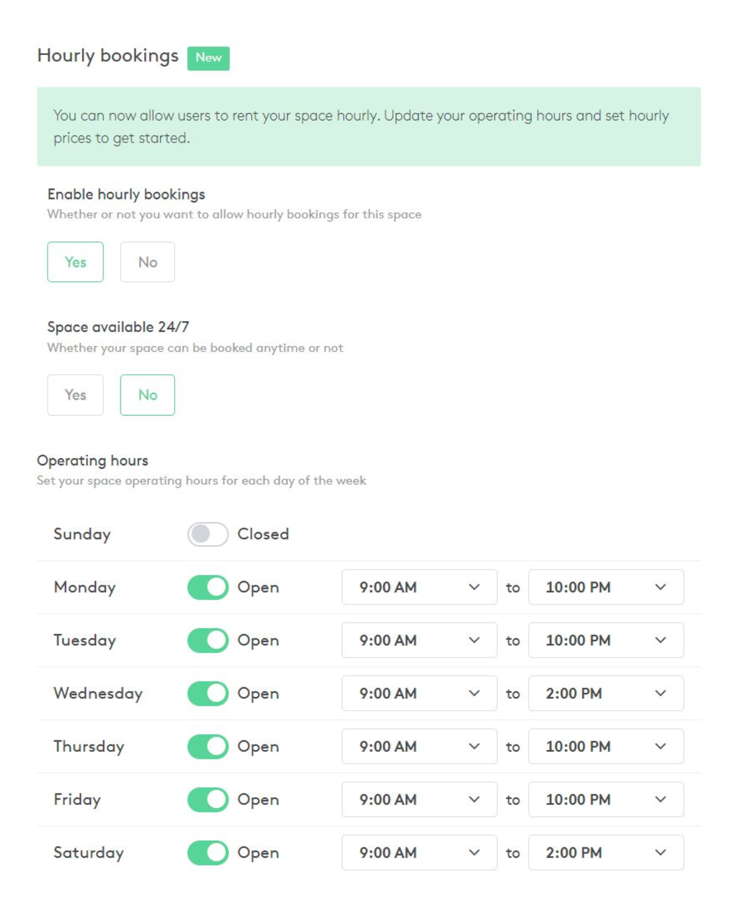 Hourly bookings settings panel showing Enable hourly bookings toggle, Space available 24/7 option, and operating hours configuration for each day of the week